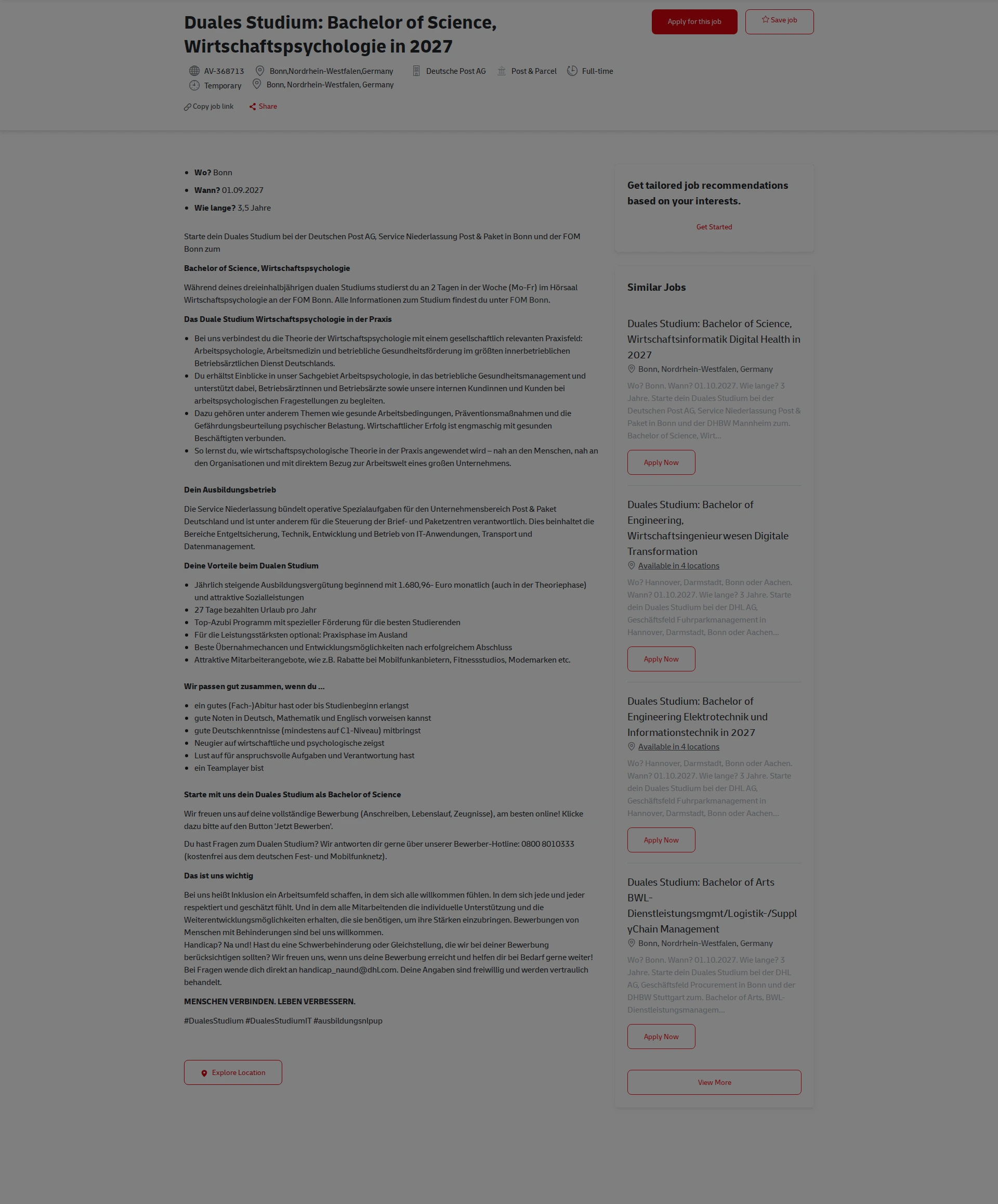 DHL Duales Studium: Bachelor of Science, Wirtschaftspsychologie in 2027 채용공고