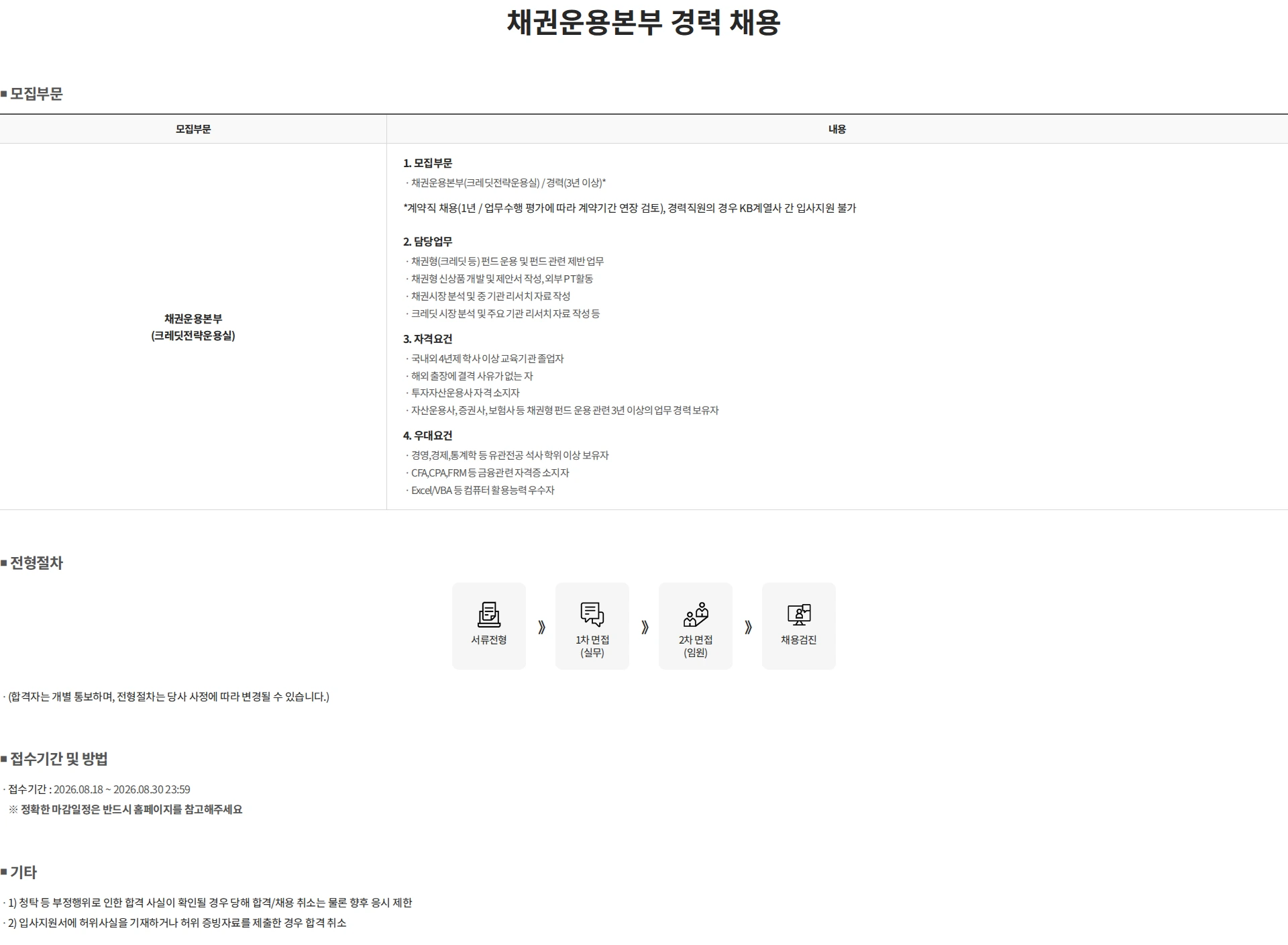 KB자산운용 채권운용본부 경력 채용 채용공고