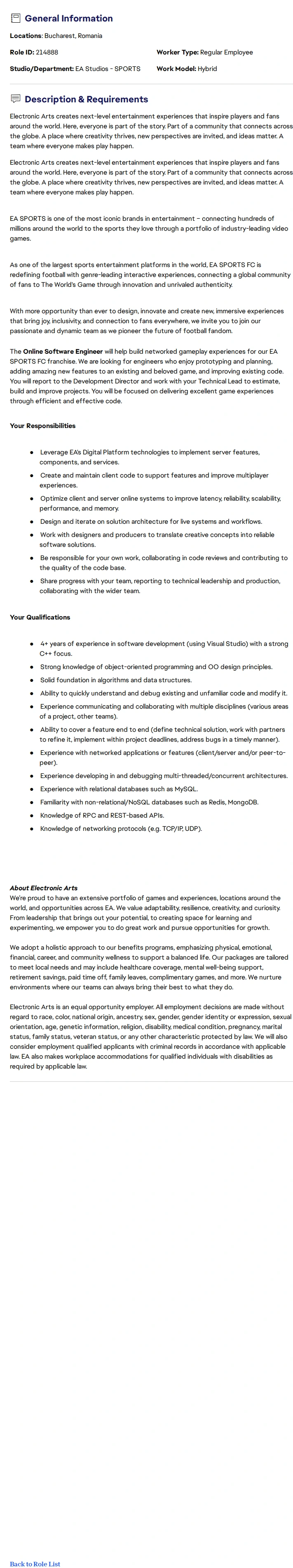 ElectronicArts Sotware Engineer, Online - EA SPORTS™ FC 채용공고