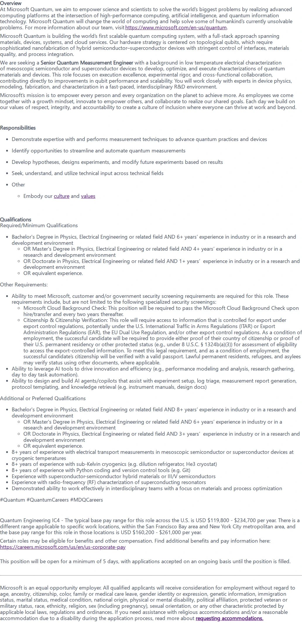 마이크로소프트(Microsoft) Senior Quantum Measurement Engineer 채용공고