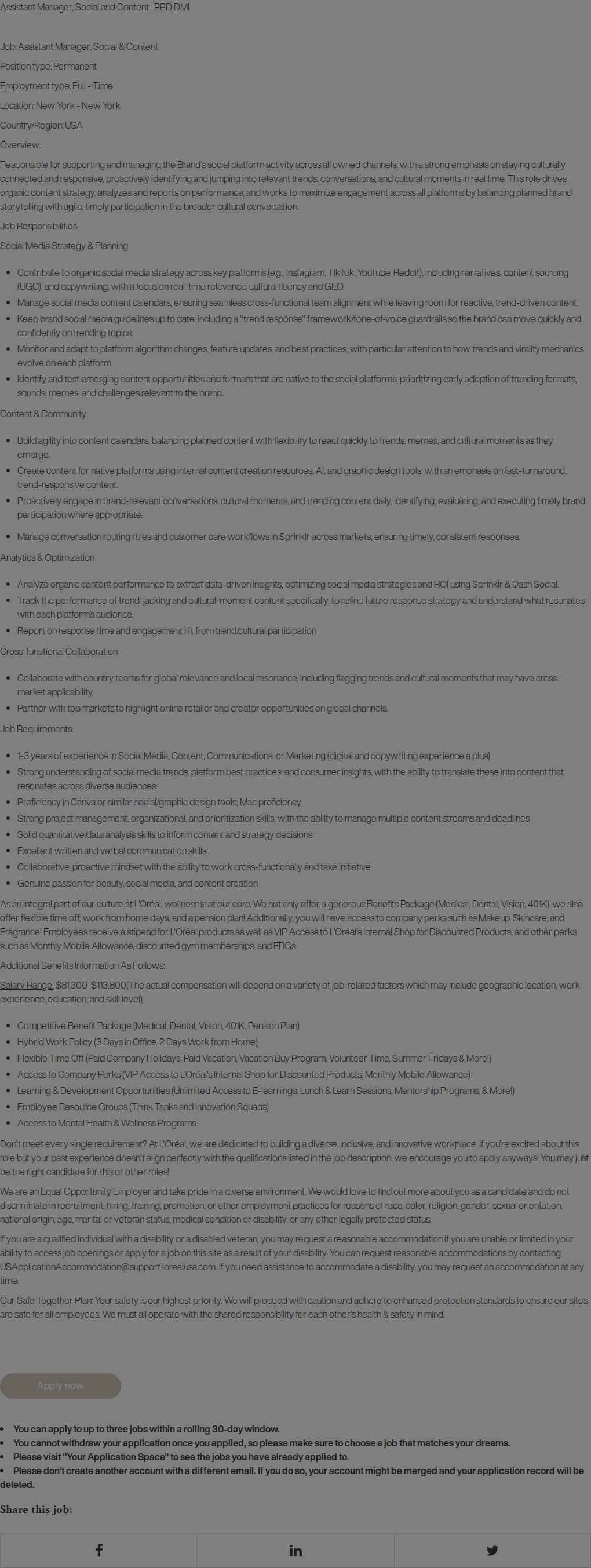 로레알(L'Oreal) Assistant Manager, Social and Content (PPD DMI) 채용공고