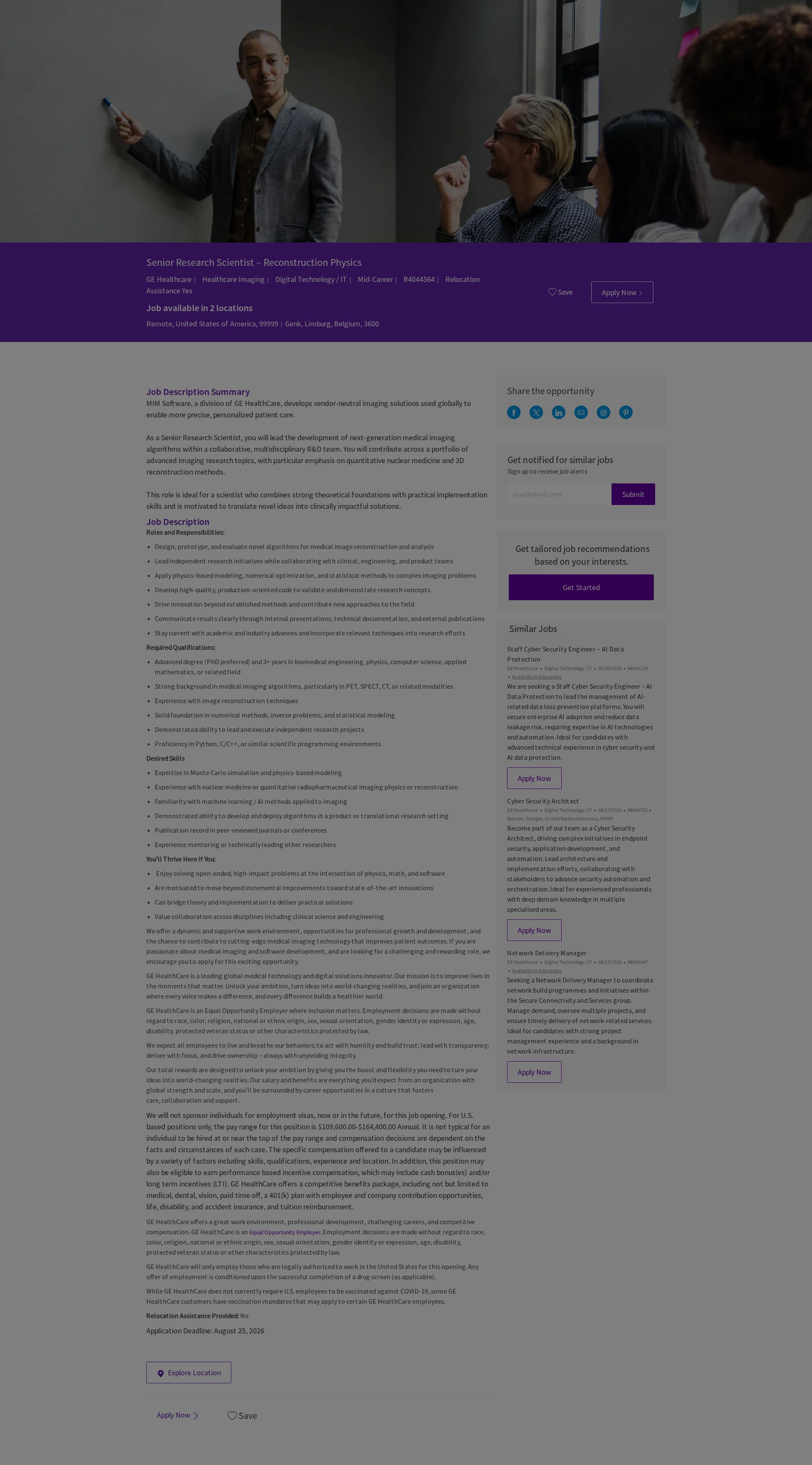 GE헬스케어 Senior Research Scientist – Reconstruction Physics 채용공고