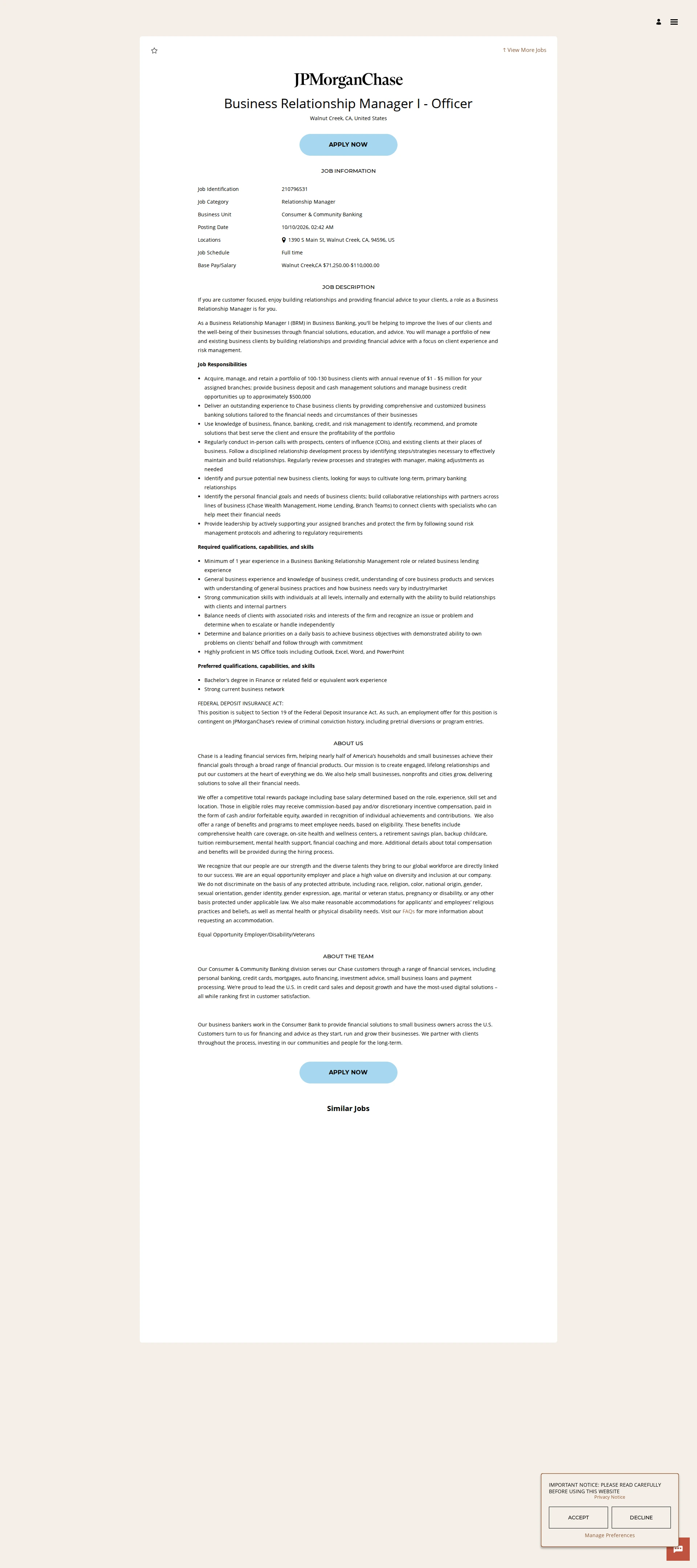 JPMorganChase Business Relationship Manager I - Officer 채용공고