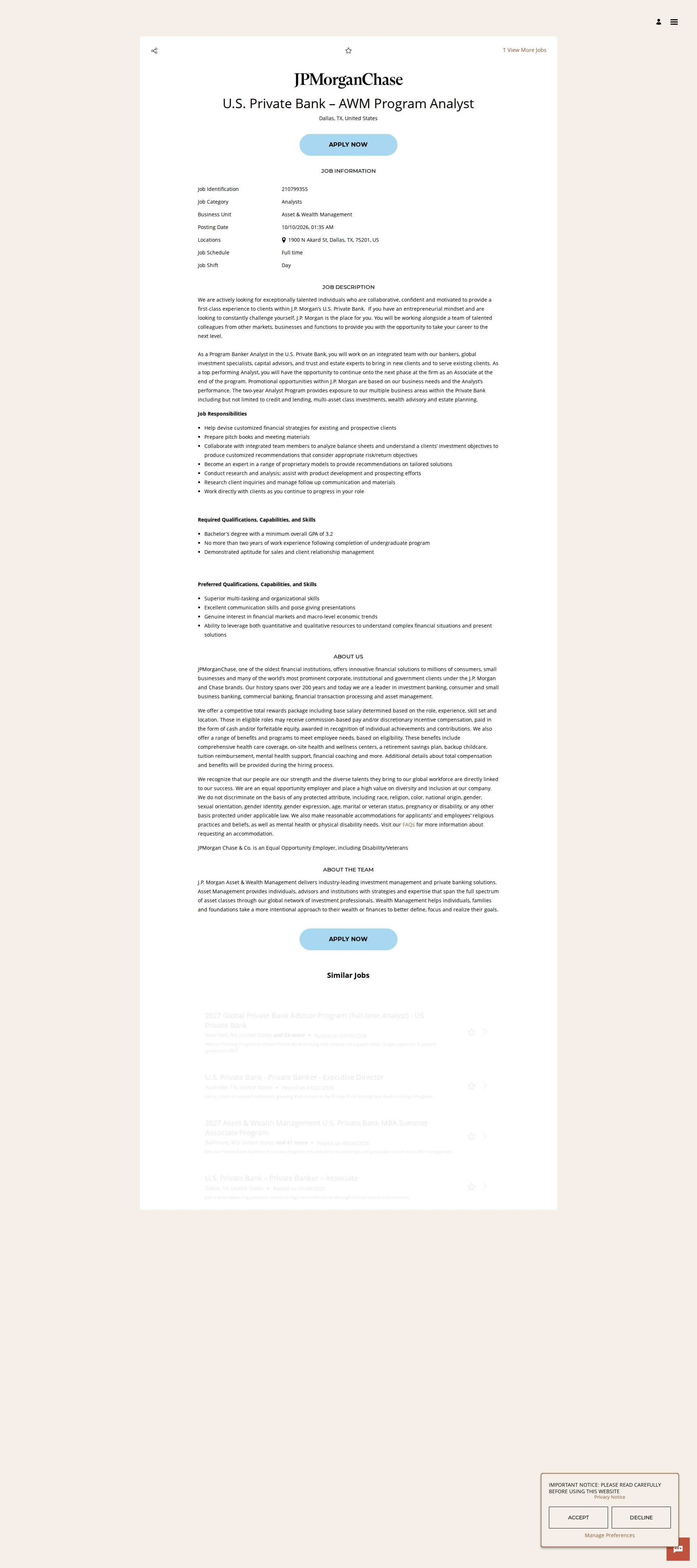 JPMorganChase U.S. Private Bank – AWM Program Analyst 채용공고