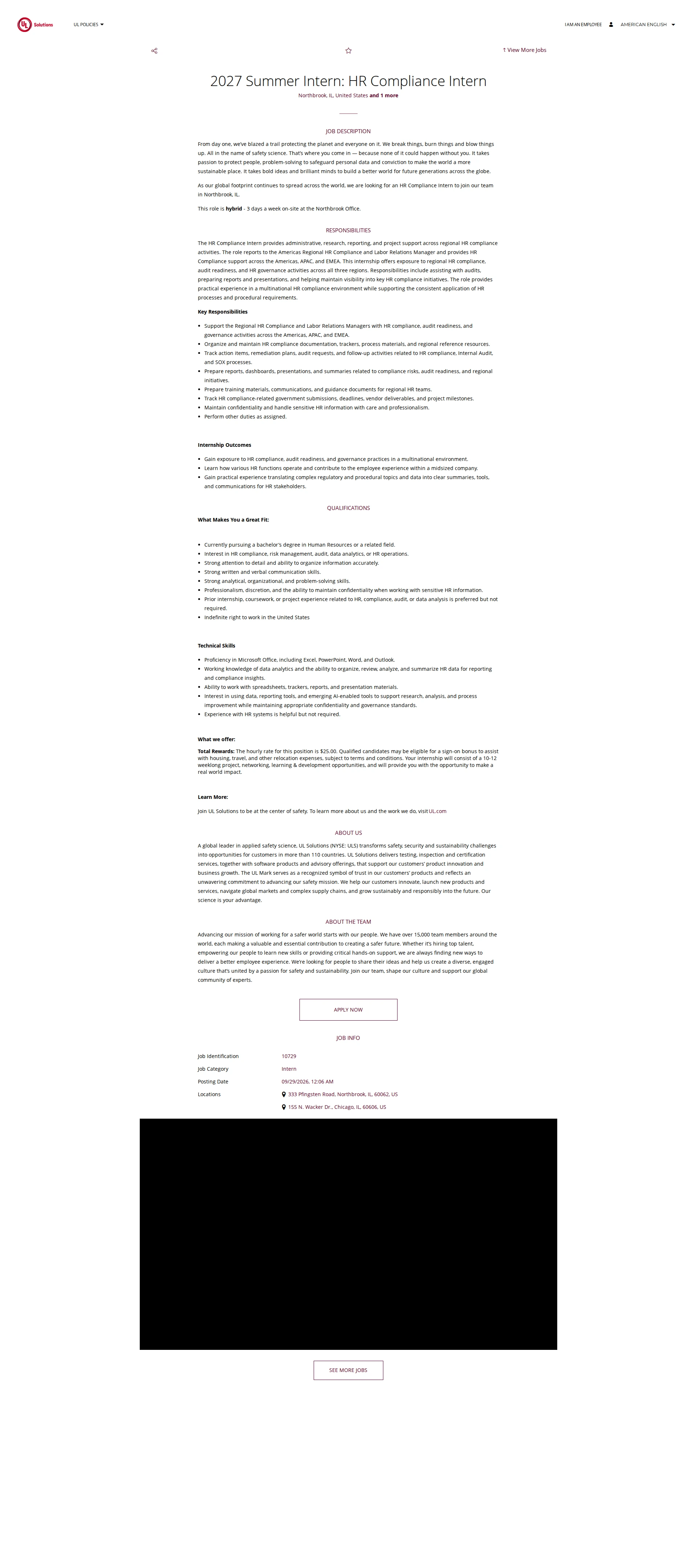 UL Solutions 2027 Summer Intern: HR Compliance Intern 채용공고