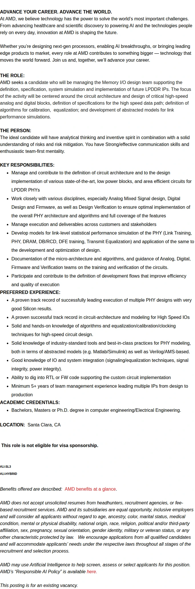 AMD Senior Manager -  Analog Design 채용공고