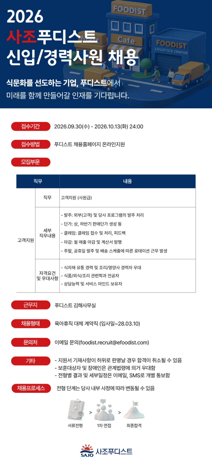 사조푸디스트 [사조푸디스트(주)/김해] 고객지원 신입/경력사원 모집 채용공고