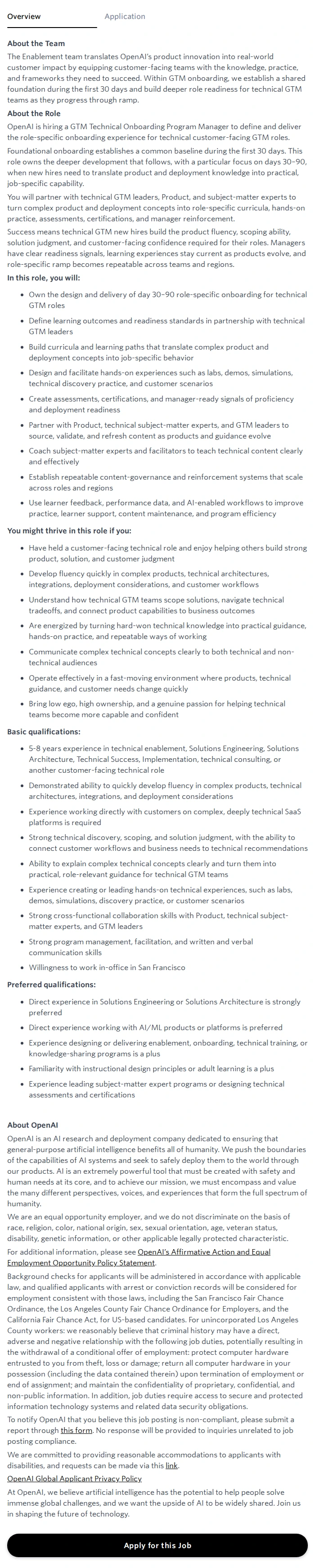 오픈에이아이(OpenAI) GTM Technical Onboarding Program Manager 채용공고