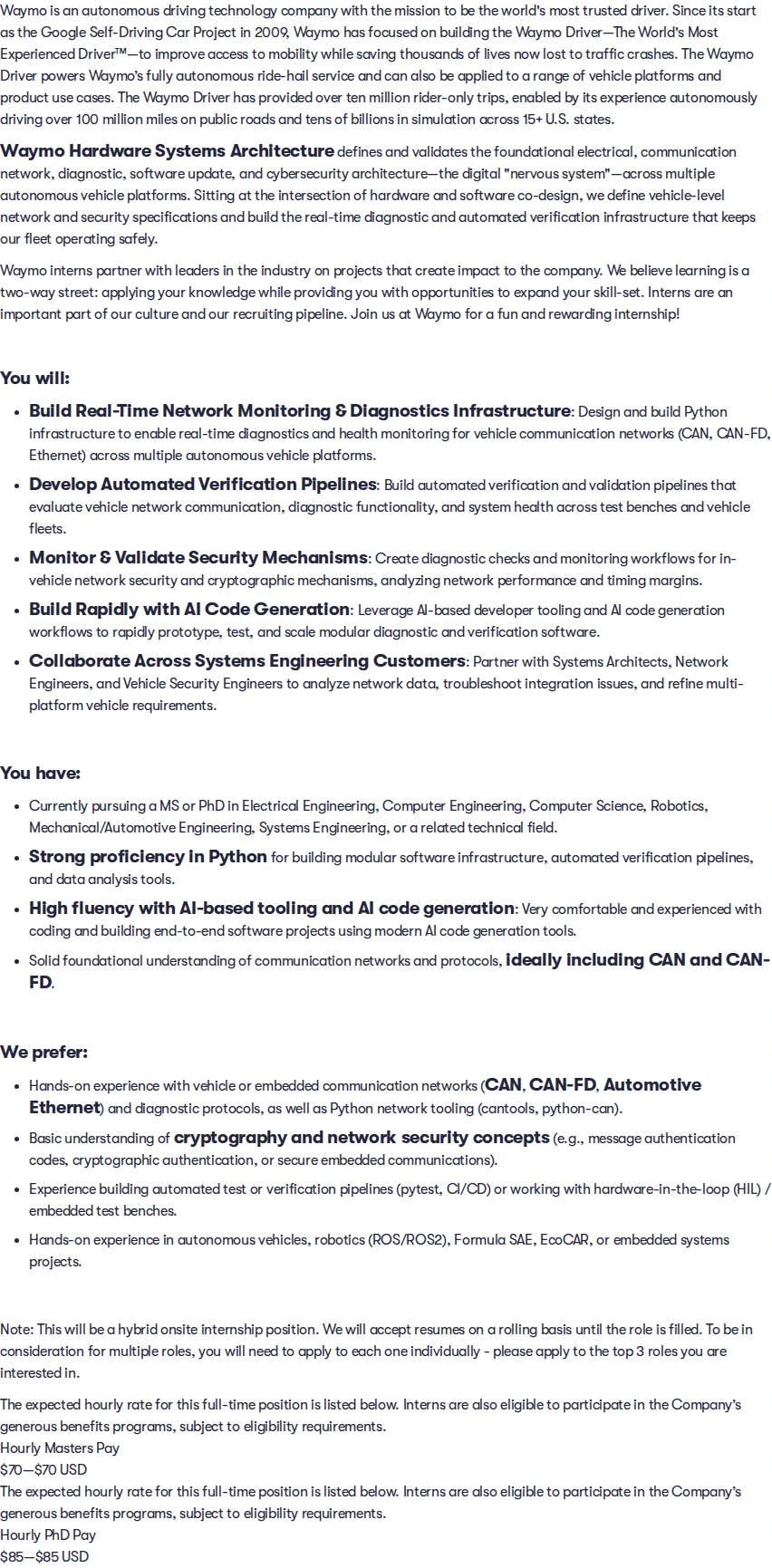 웨이모 2027 Summer Intern, MS/PhD, Systems Engineer, Autonomous Vehicle Networks & Diagnostics 채용공고