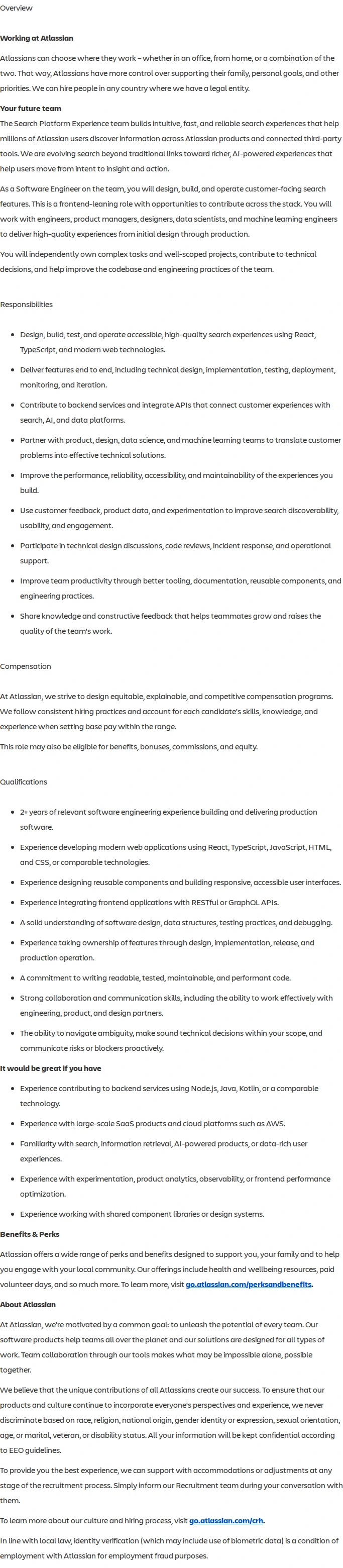 아틀라시안 Software Engineer - Search Platform Experience, Rovo Experiences & Growth 채용공고
