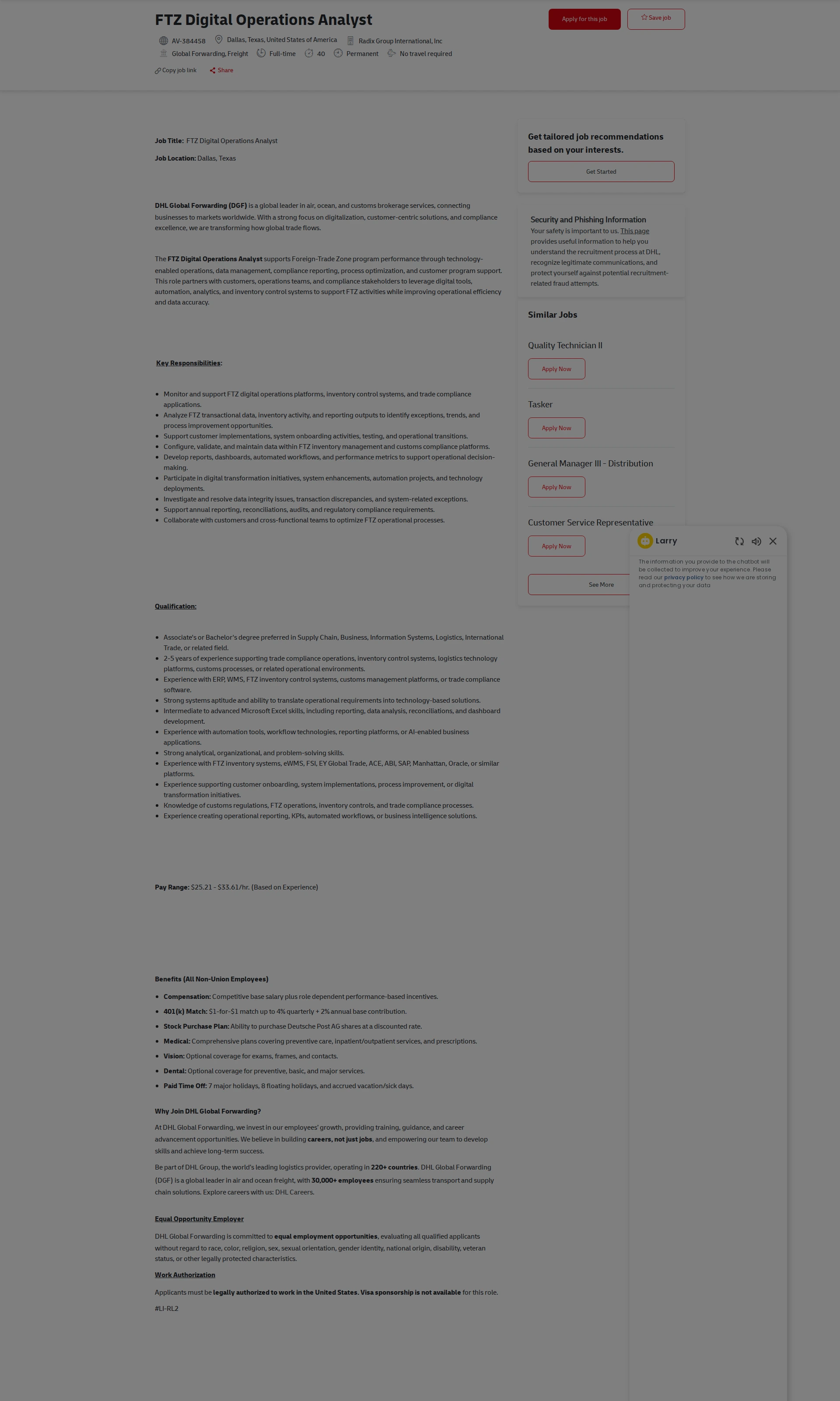 DHL FTZ Digital Operations Analyst 채용공고