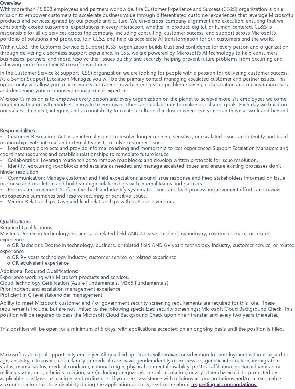 마이크로소프트(Microsoft) Support Escalation Manager 채용공고