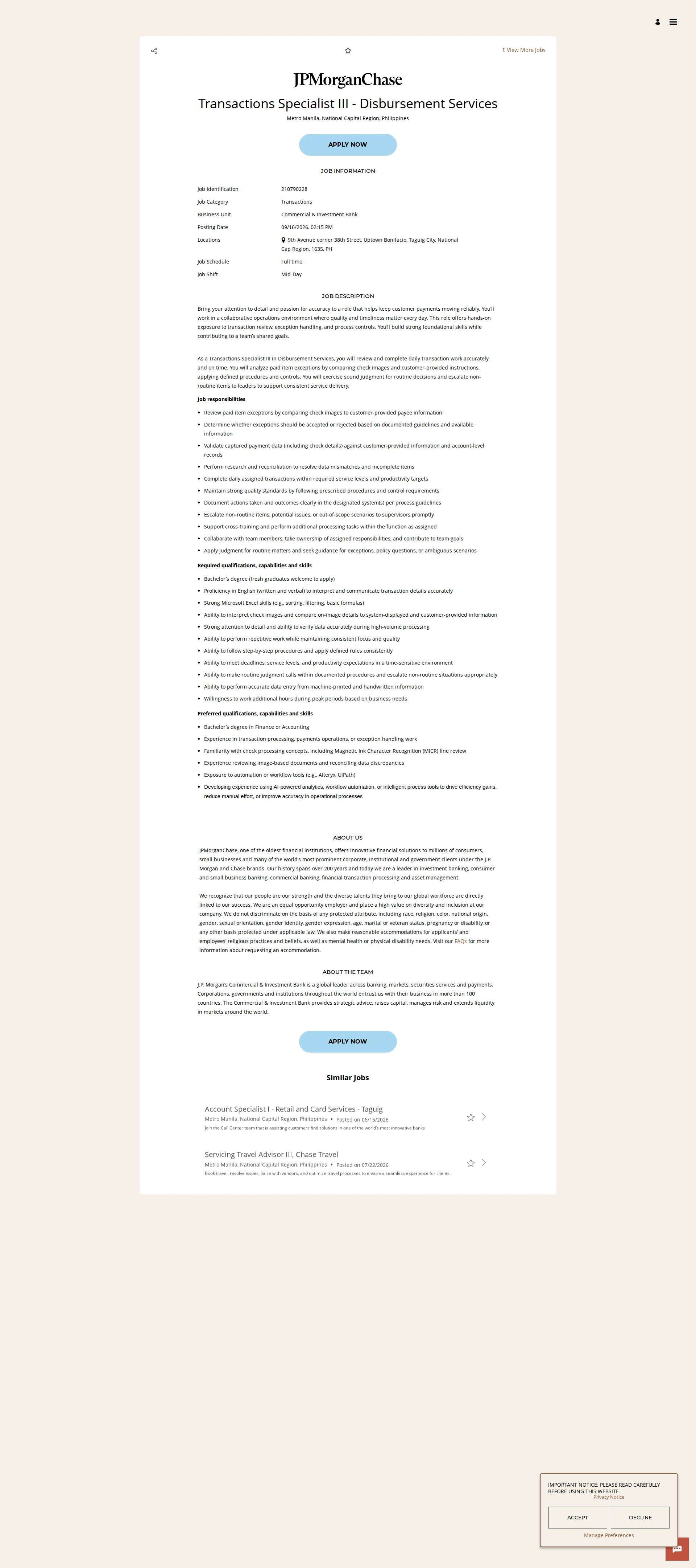 JPMorganChase Transactions Specialist III - Disbursement Services 채용공고