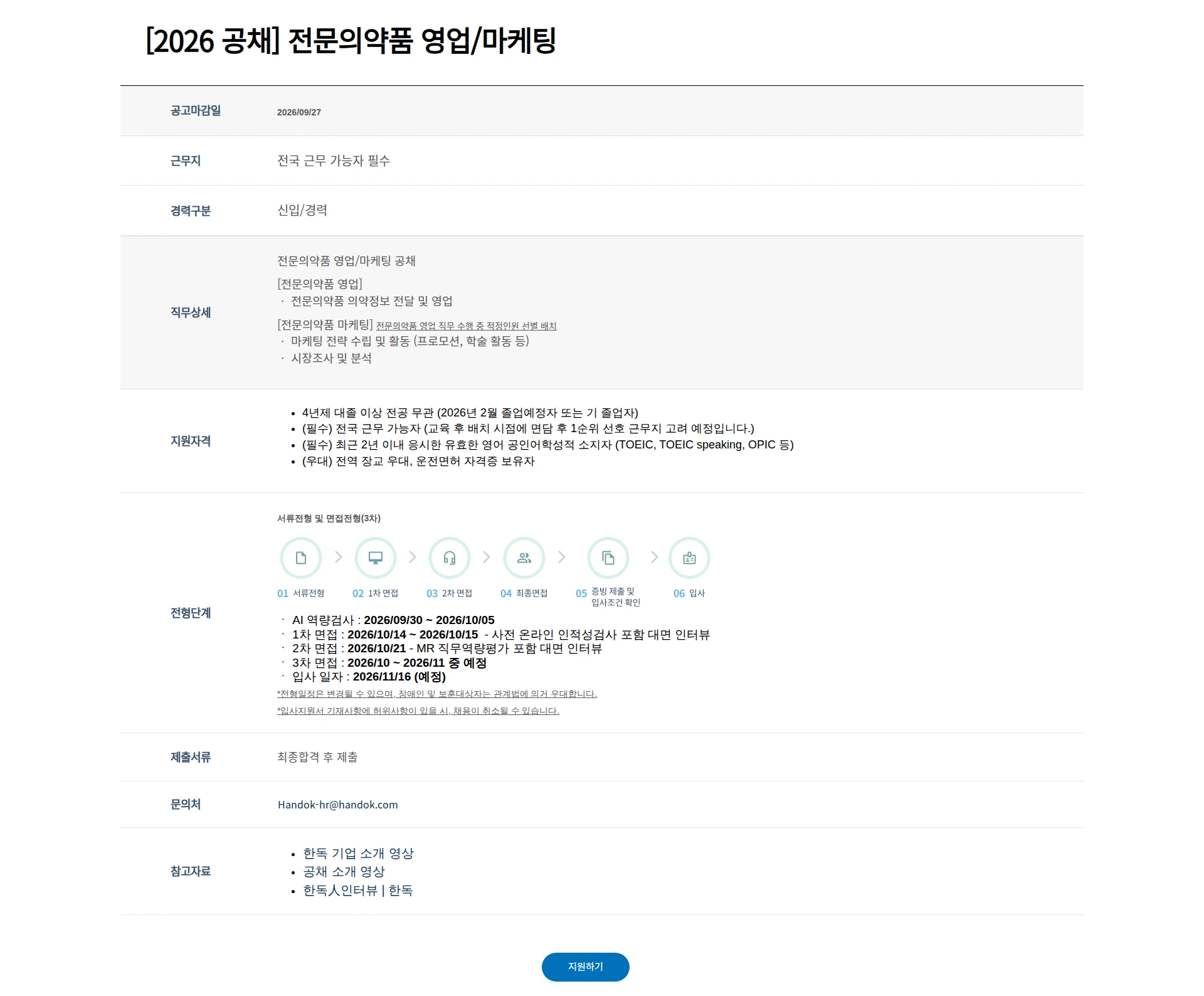 한독 [2026 공채] 전문의약품 영업/마케팅 채용공고