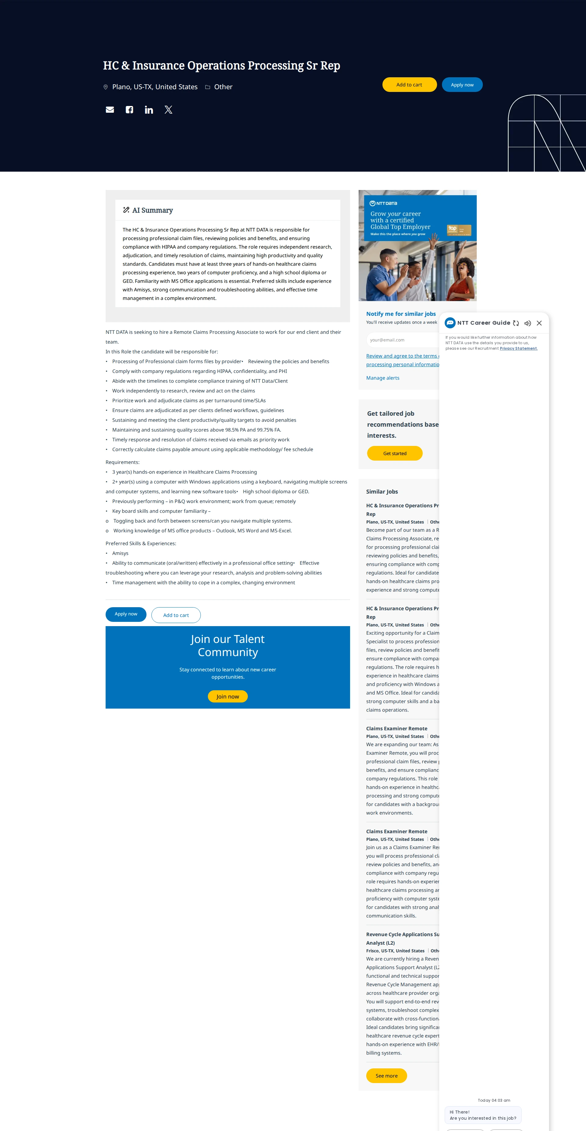 NTT데이터 HC & Insurance Operations Processing Sr Rep 채용공고