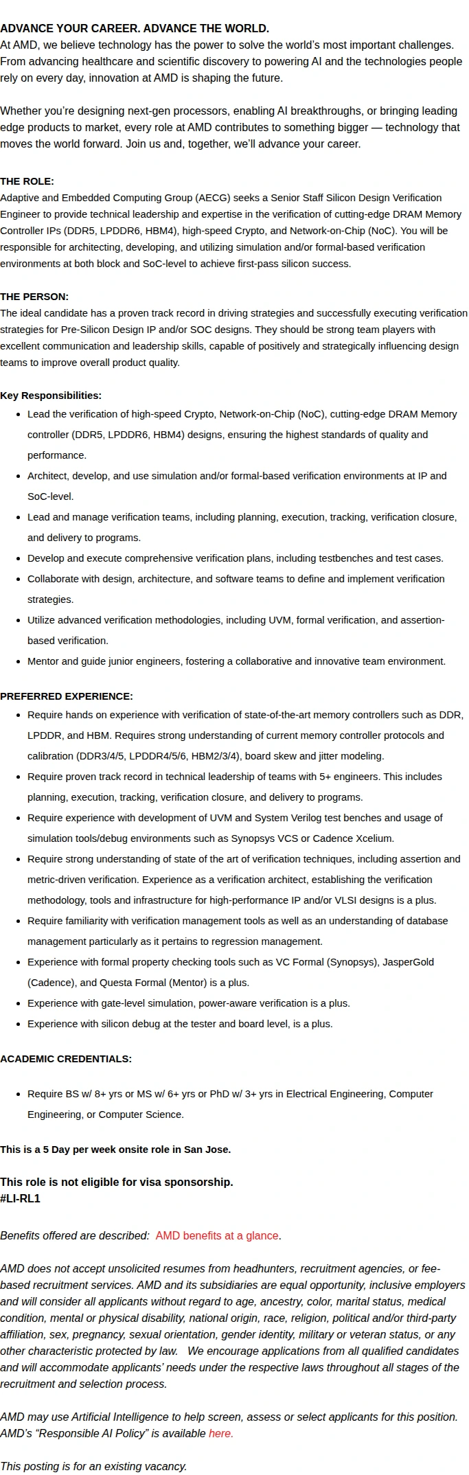 AMD Senior Staff Pre Silicon Verification Engineer 채용공고