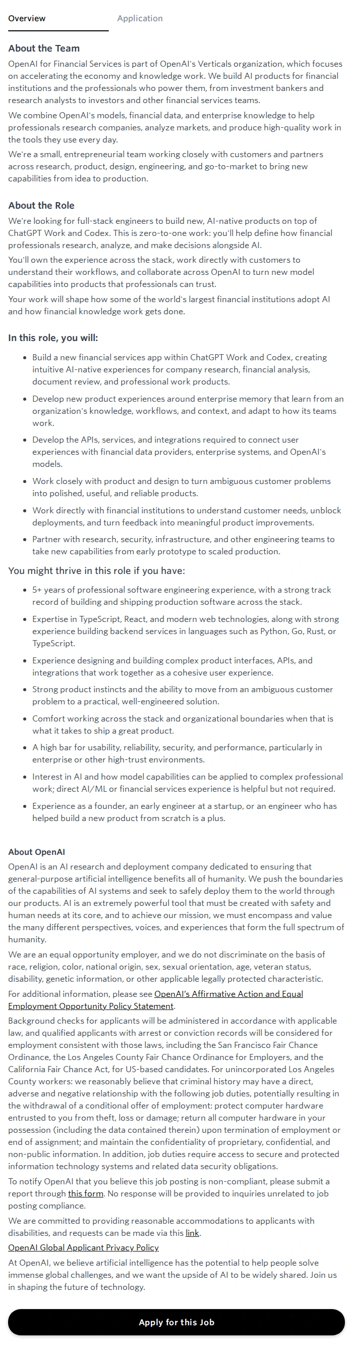 오픈에이아이(OpenAI) Full Stack Software Engineer - Codex for Finance 채용공고