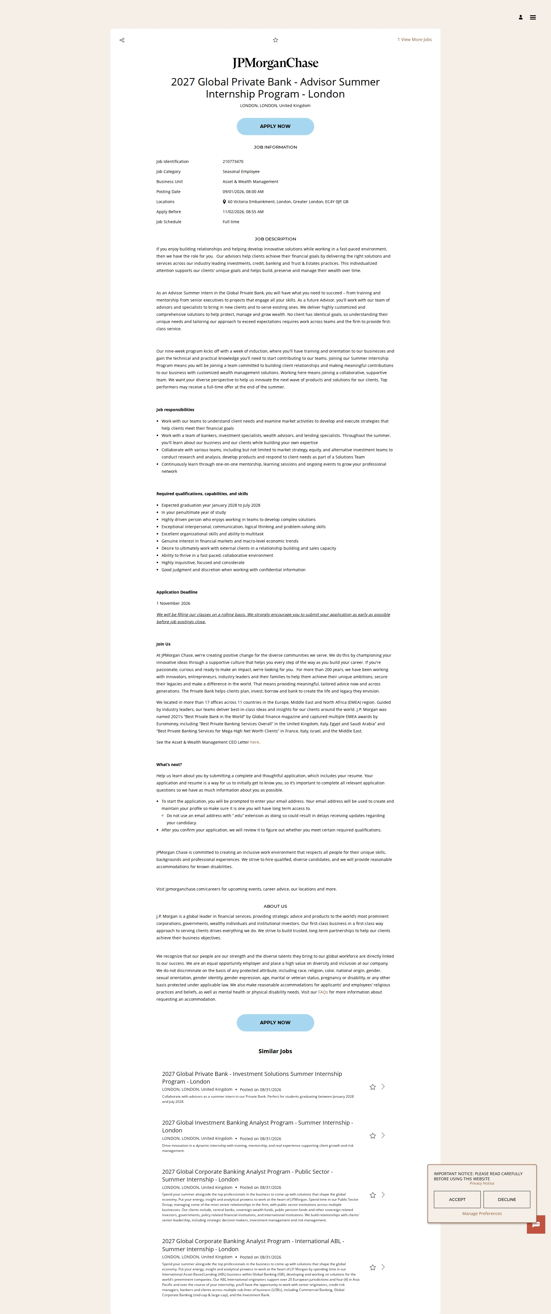 JPMorganChase 2027 Global Private Bank - Advisor Summer Internship Program - London 채용공고