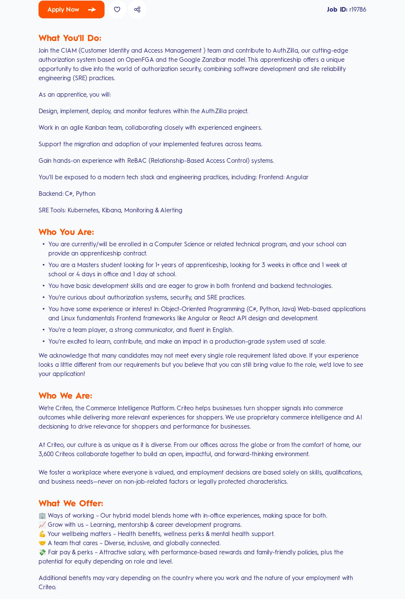 크리테오 Site Reliability Engineer Apprentice (1+ years) 채용공고