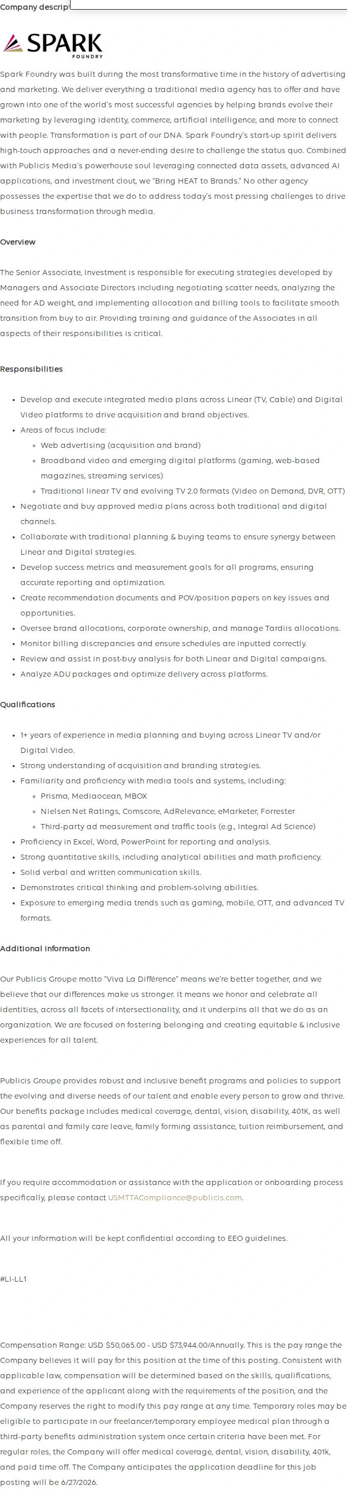 Publicis Groupe Senior Associate, Investment 채용공고