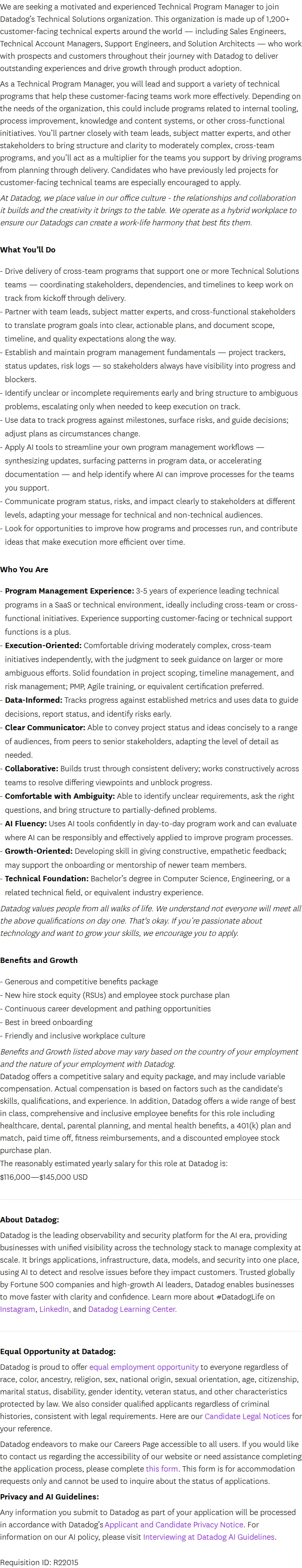 데이터독 Technical Program Manager, Technical Solutions 채용공고