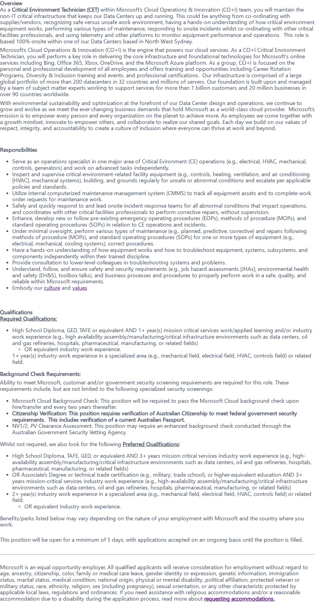 마이크로소프트(Microsoft) Critical Environment Technician 채용공고