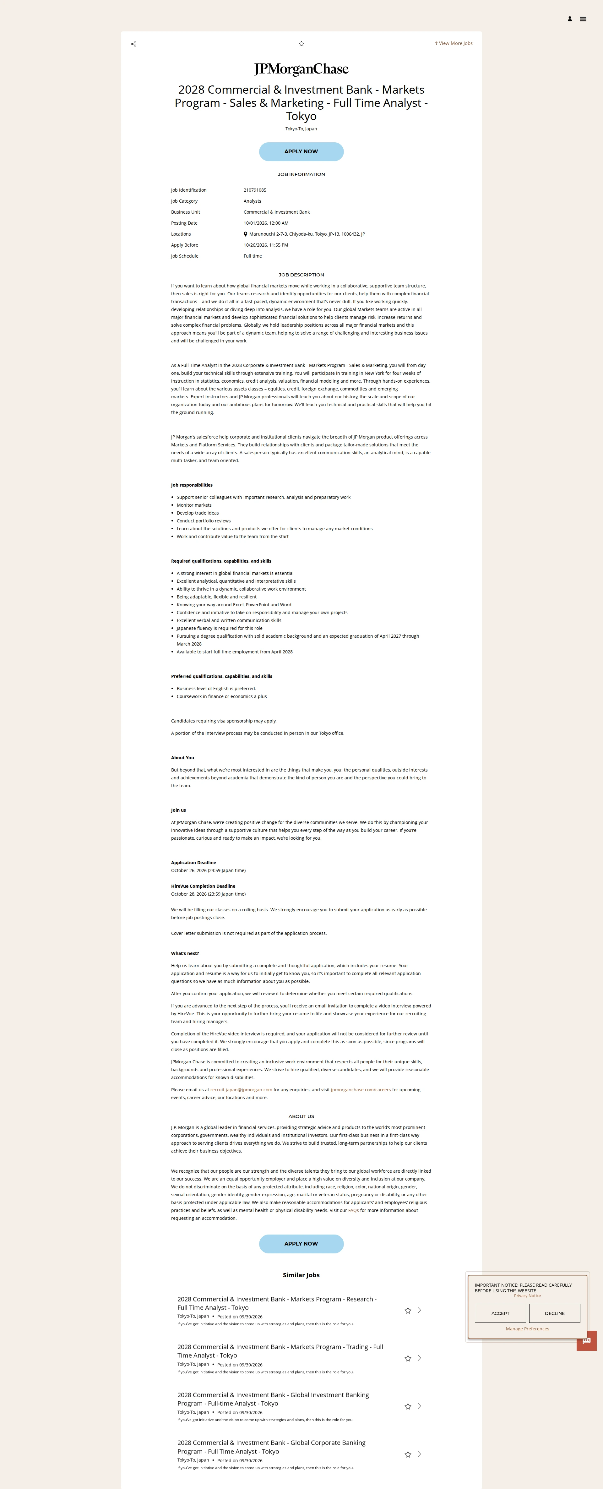 JPMorganChase 2028 Commercial & Investment Bank - Markets Program - Sales & Marketing - Full Time Analyst - Tokyo 채용공고