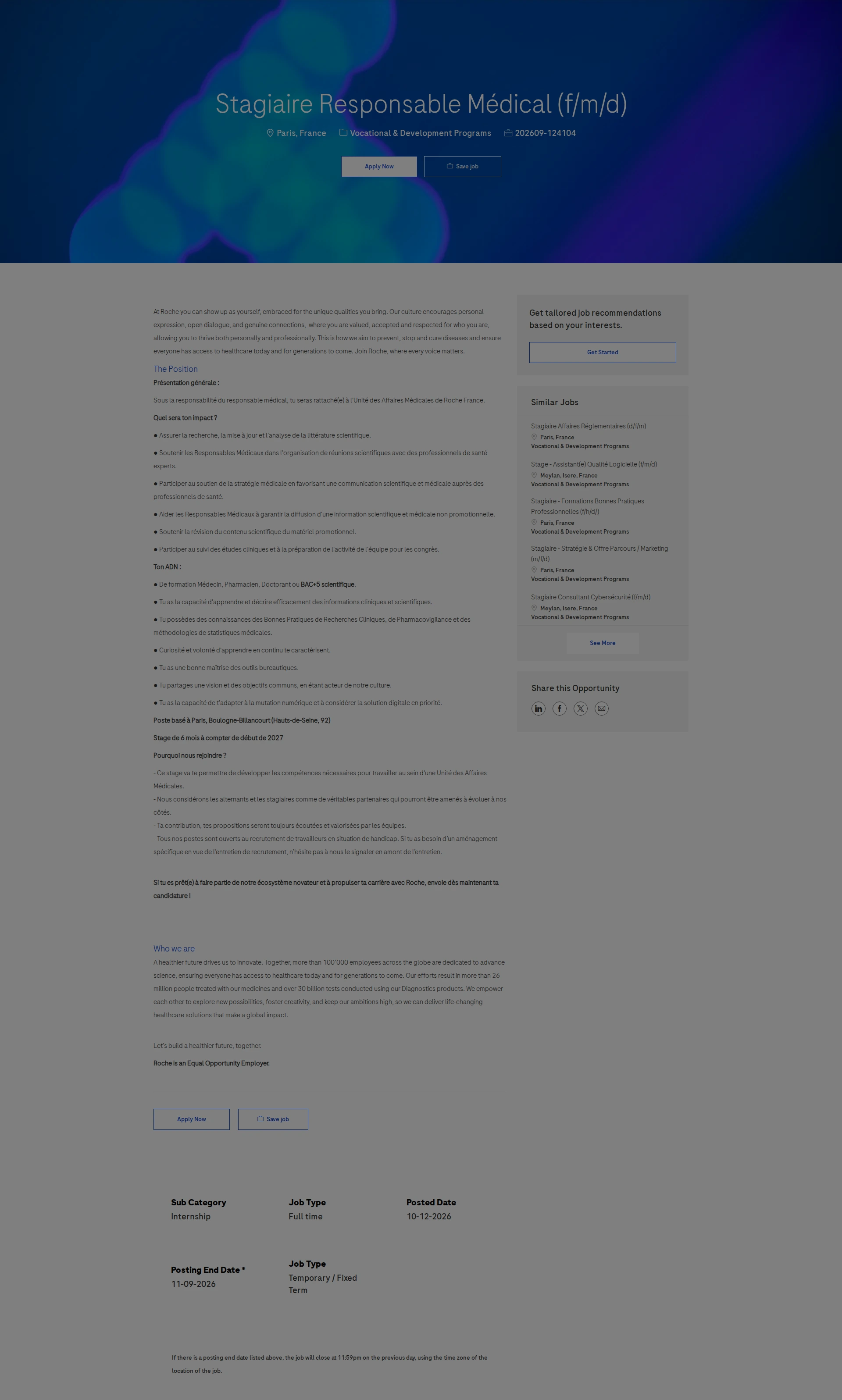 로슈 Stagiaire Responsable Médical (f/m/d) 채용공고