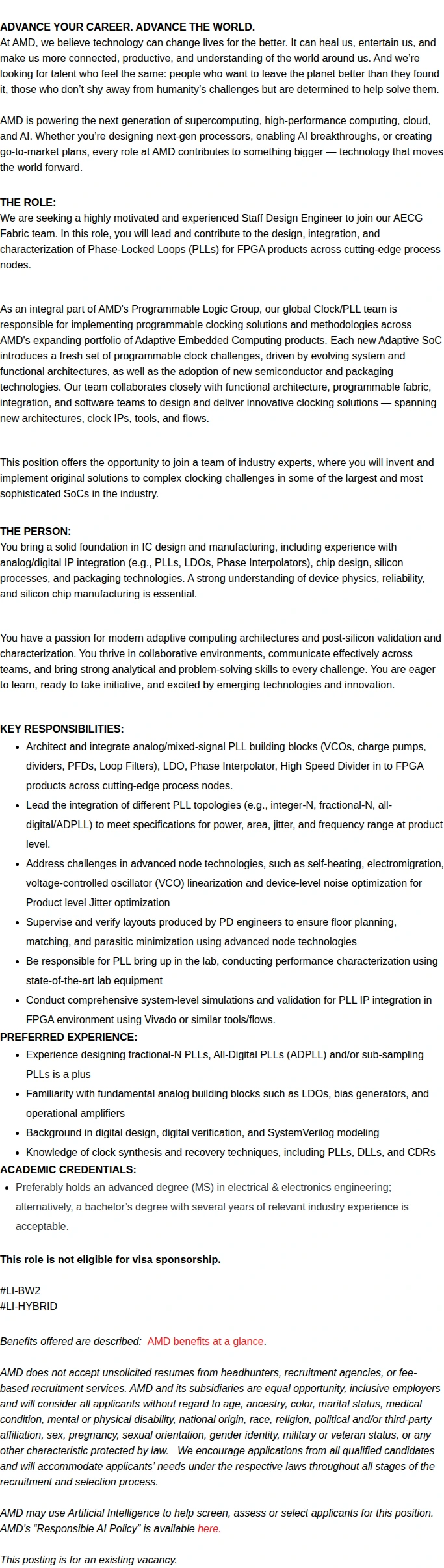 AMD PLL Design/ Integration Staff Engineer  - Adaptive Computing Group 채용공고
