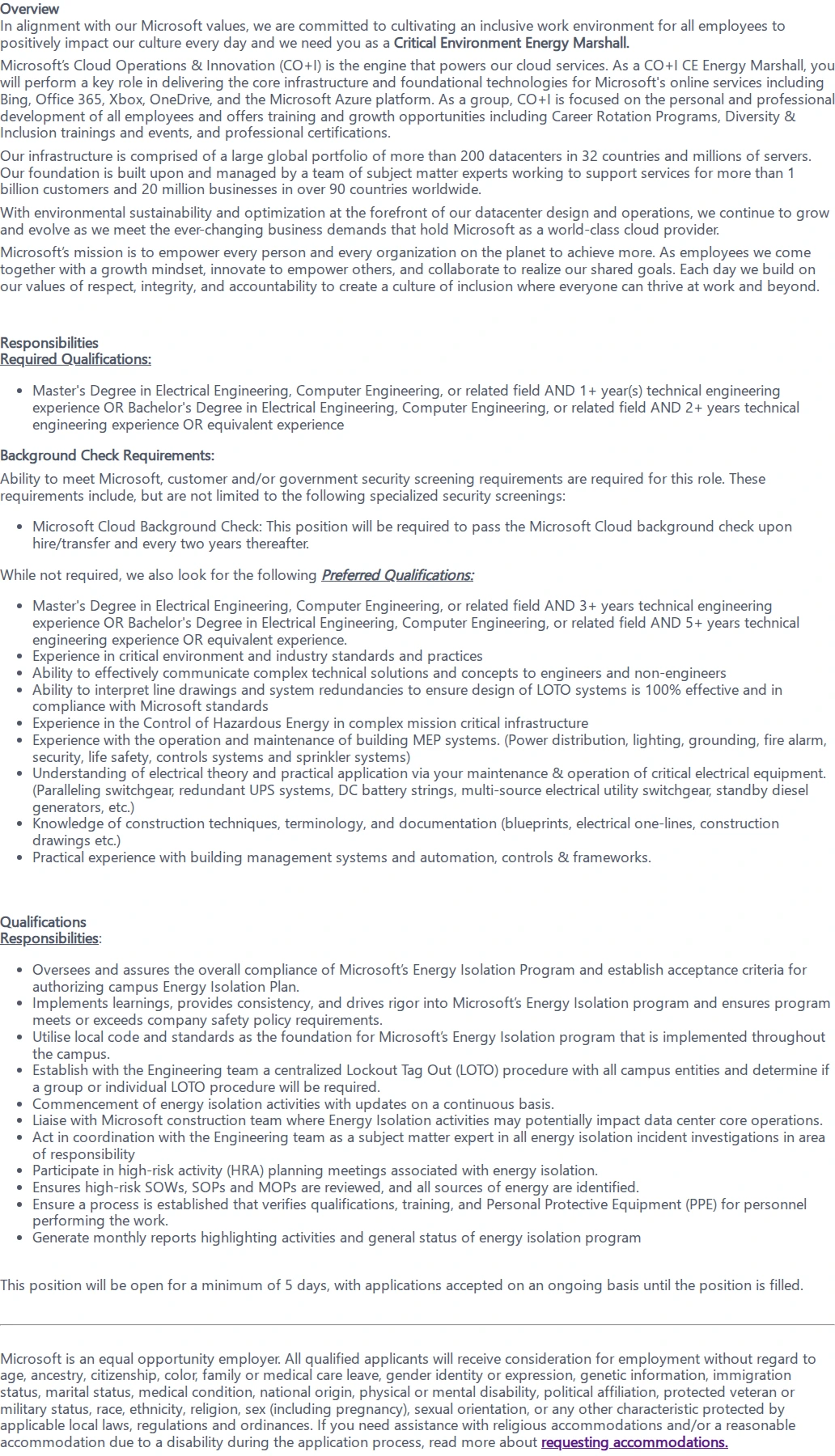 마이크로소프트(Microsoft) Critical Environment Energy Marshal 채용공고