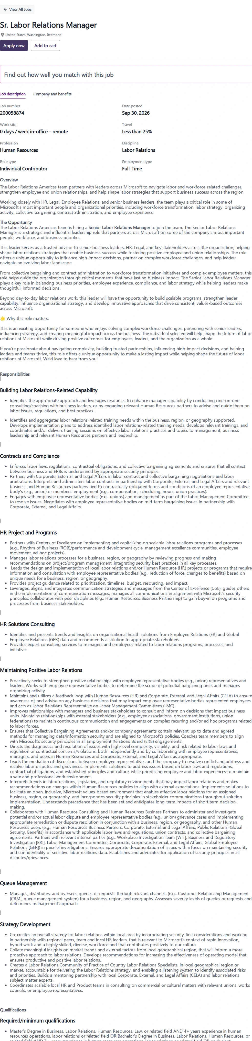 마이크로소프트(Microsoft) Sr. Labor Relations Manager 채용공고