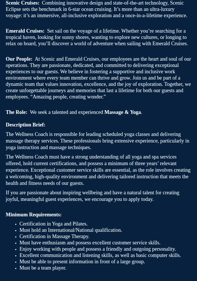 Scenic Tours Europe AG Wellness Coach - Massage & Yoga (Ocean) 채용공고
