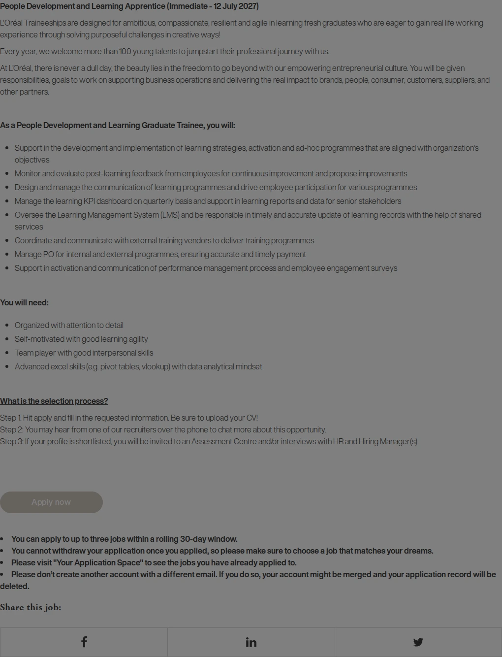 로레알(L'Oreal) [SG] 2H2026 People Development & Learning Apprentice 채용공고