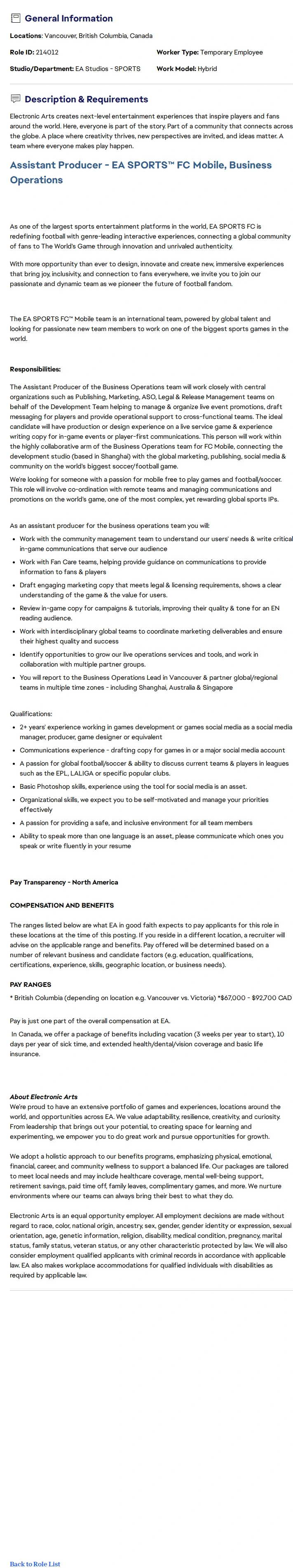 ElectronicArts Assistant Producer - EA SPORTS™ FC Mobile, Business Operations 채용공고