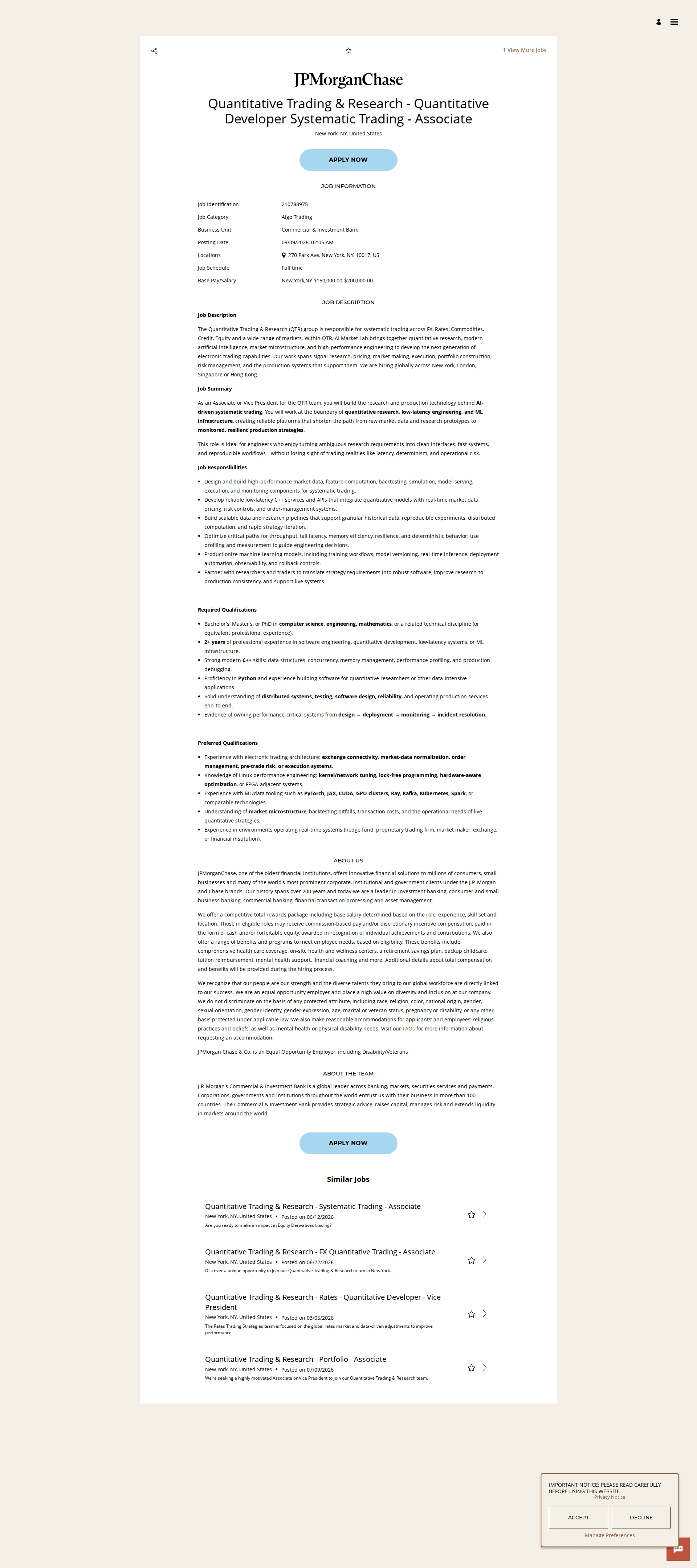 JPMorganChase Quantitative Trading & Research - Quantitative Developer Systematic Trading - Associate 채용공고