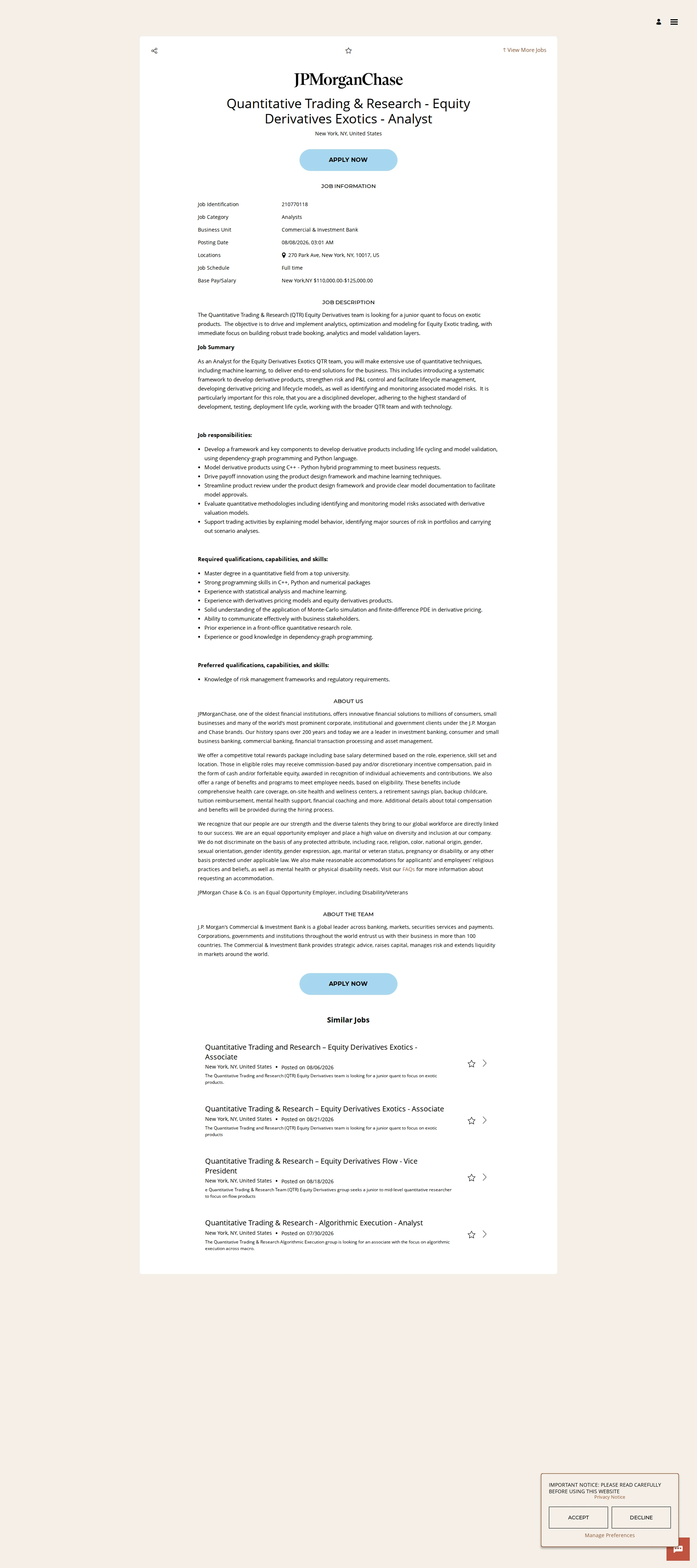 JPMorganChase Quantitative Trading & Research - Equity Derivatives Exotics - Analyst 채용공고