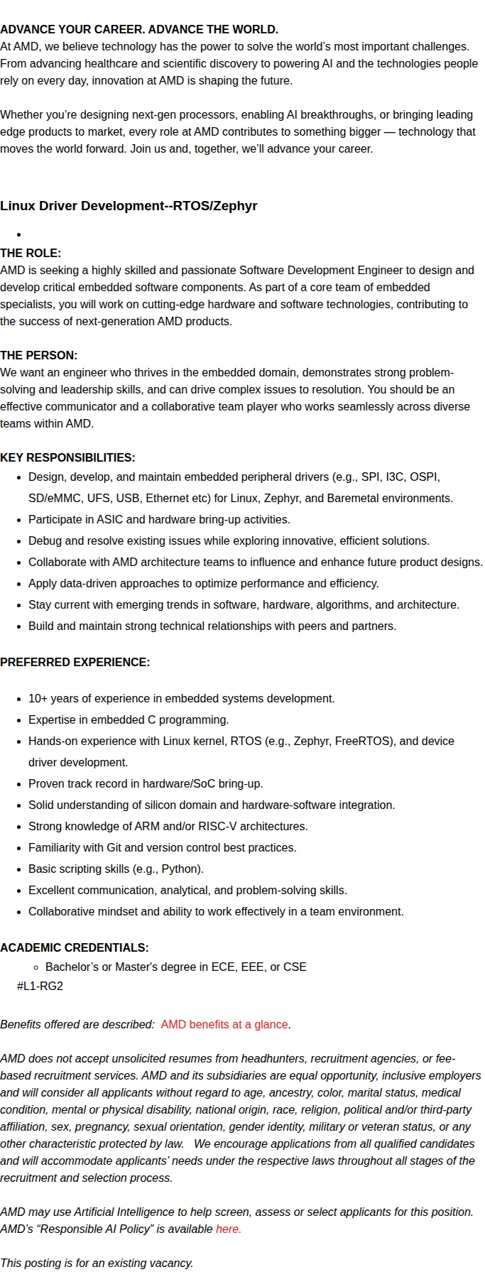 AMD Linux Driver Development--RTOS/Zephyr 채용공고