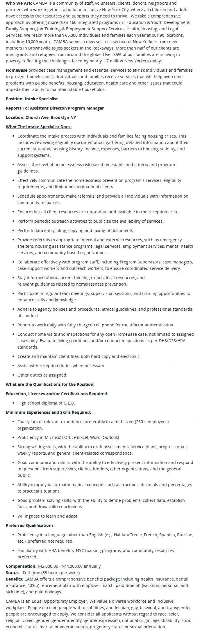 CAMBA Intake Specialist, HomeBase (Church Ave.) 채용공고