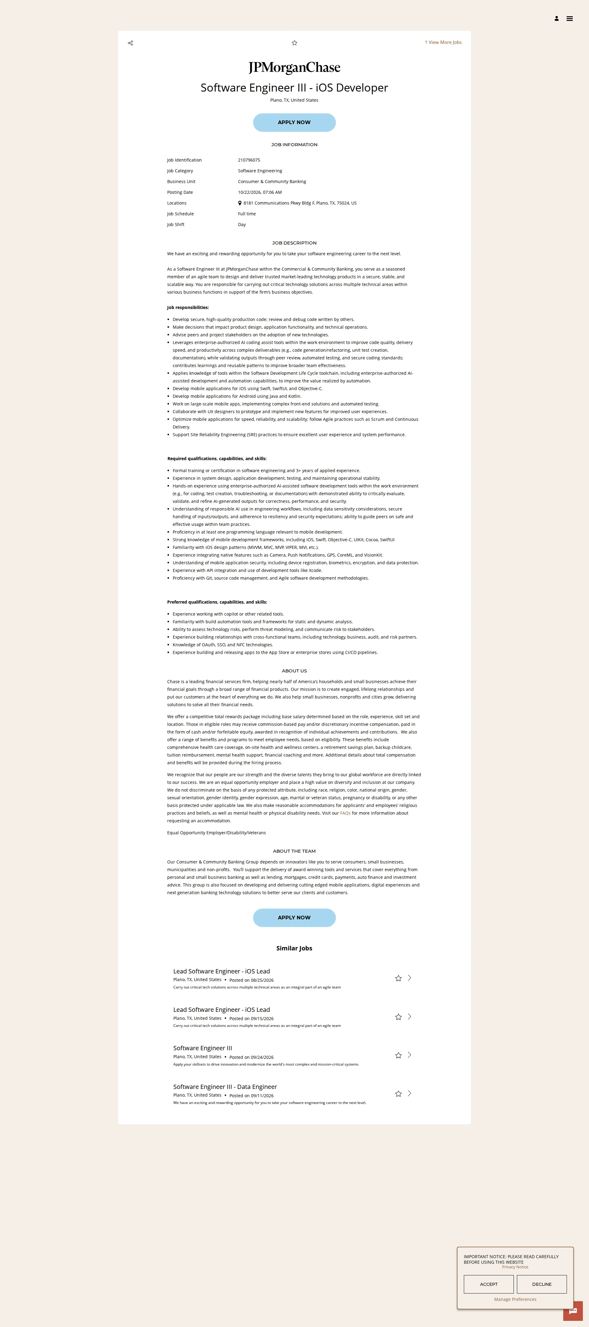 JPMorganChase Software Engineer III - iOS Developer 채용공고