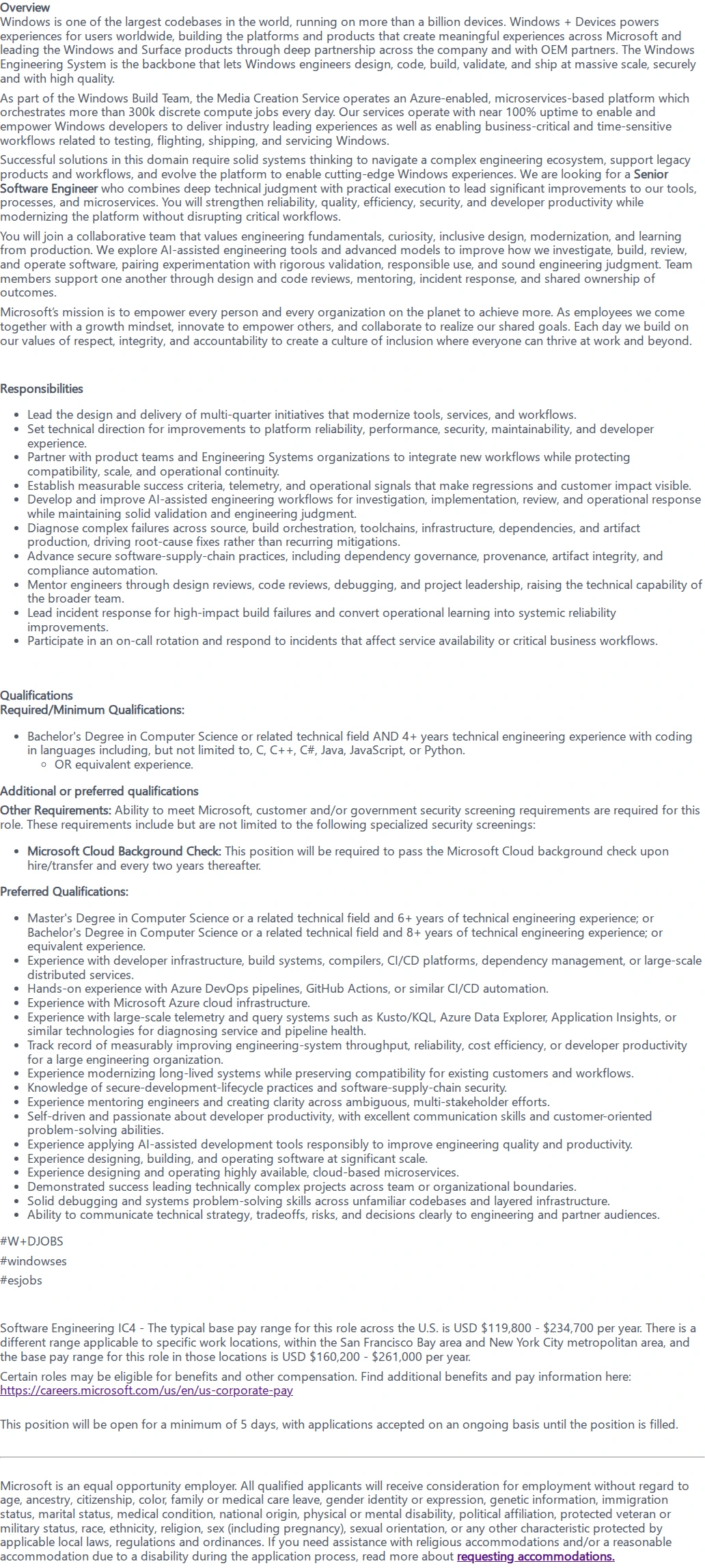 마이크로소프트(Microsoft) Senior Software Engineer - Microservices & Windows Imaging 채용공고
