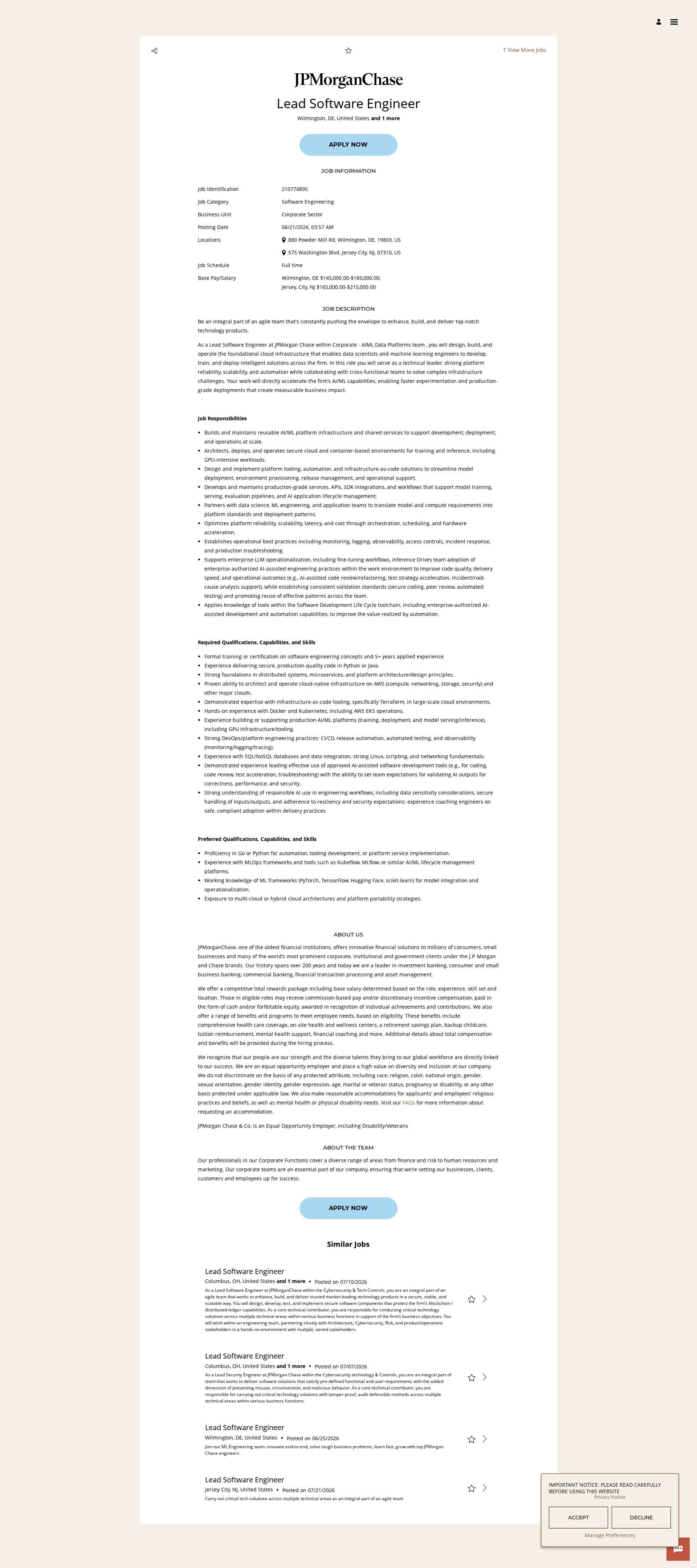 JPMorganChase Lead Software Engineer 채용공고