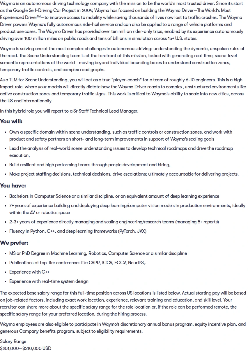 웨이모 Technical Lead Manager, Perception, Traffic Control Understanding 채용공고