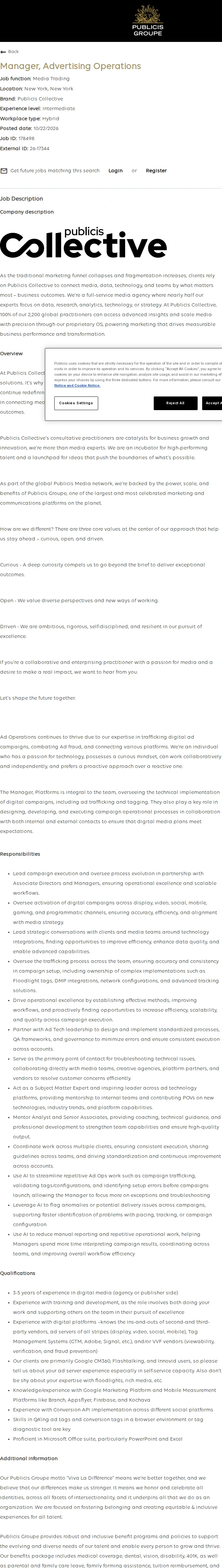 Publicis Groupe Manager, Advertising Operations 채용공고