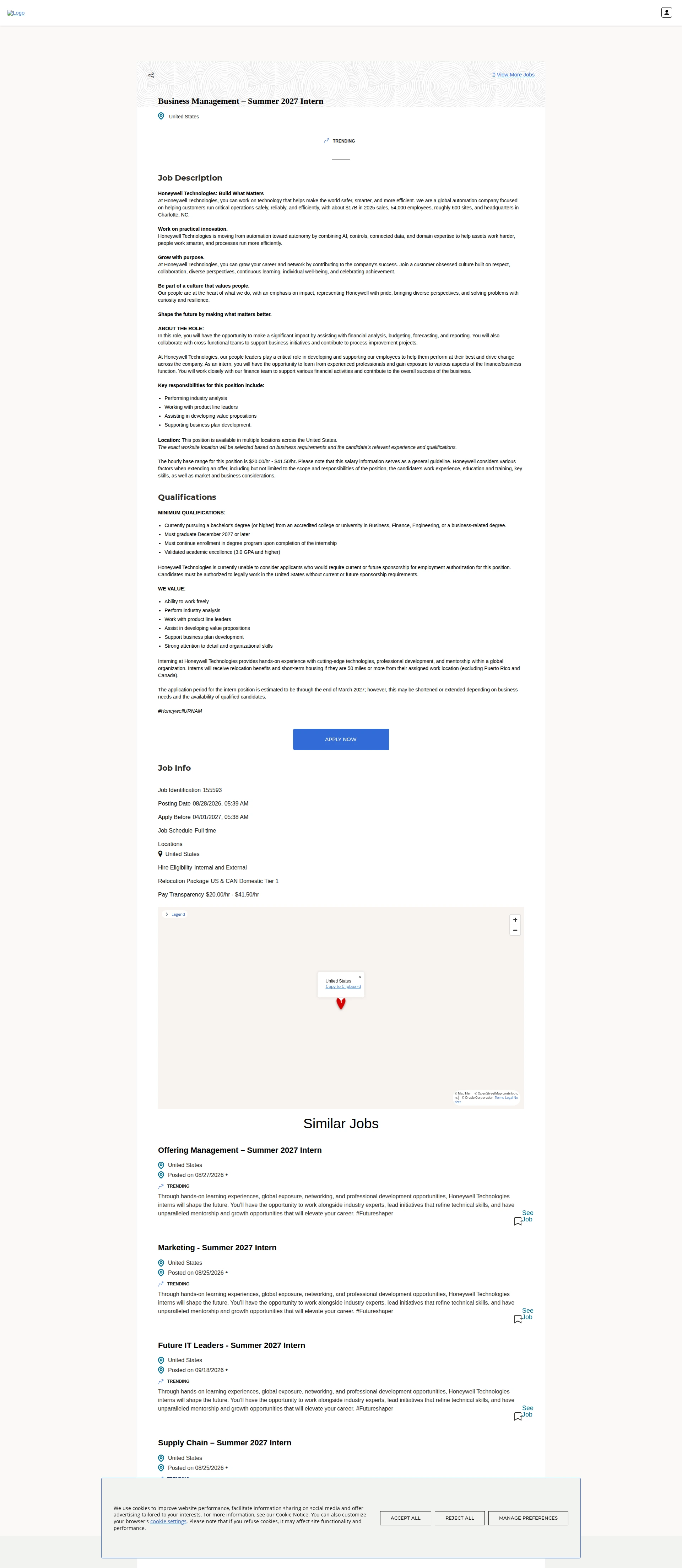 허니웰 Business Management – Summer 2027 Intern 채용공고