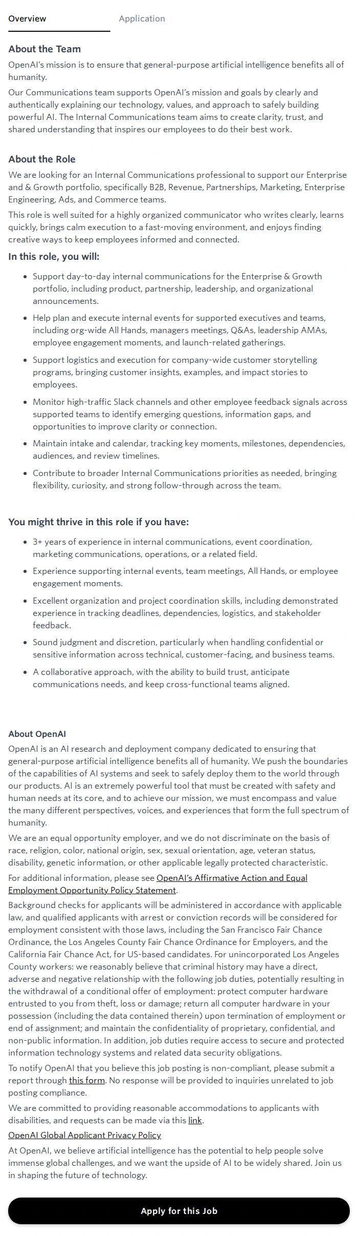 오픈에이아이(OpenAI) Internal Communications, Enterprise & Growth 채용공고