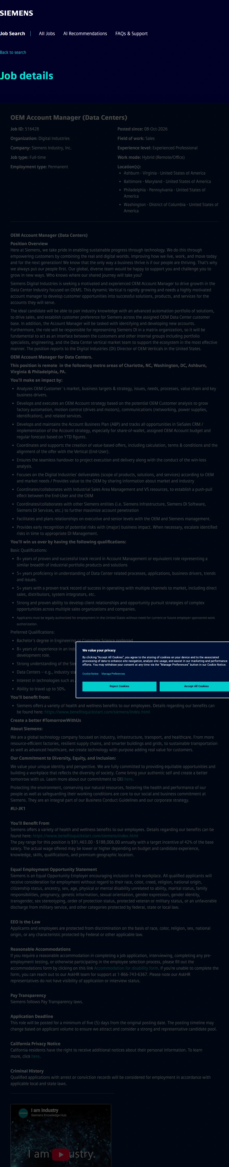 지멘스 OEM Account Manager (Data Centers) 채용공고