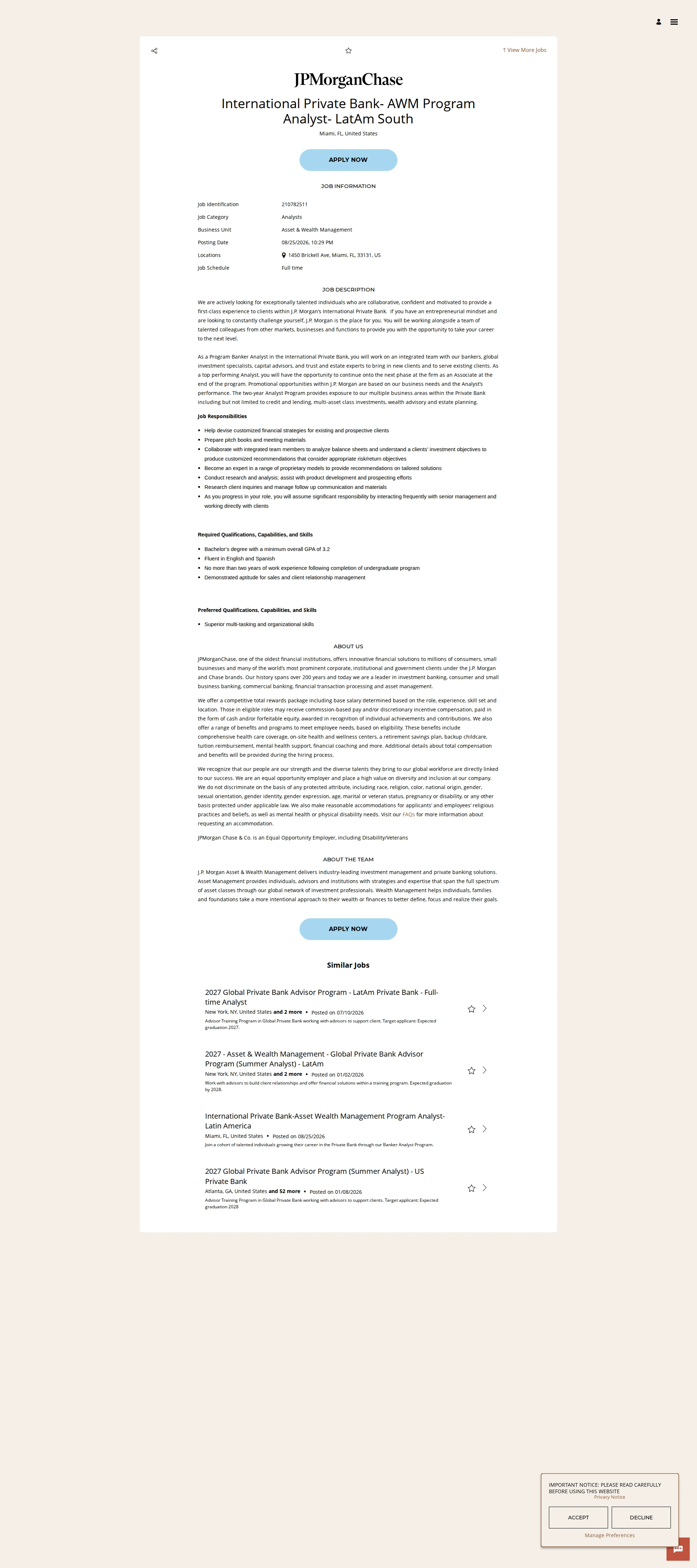 JPMorganChase International Private Bank- AWM Program Analyst- LatAm South 채용공고