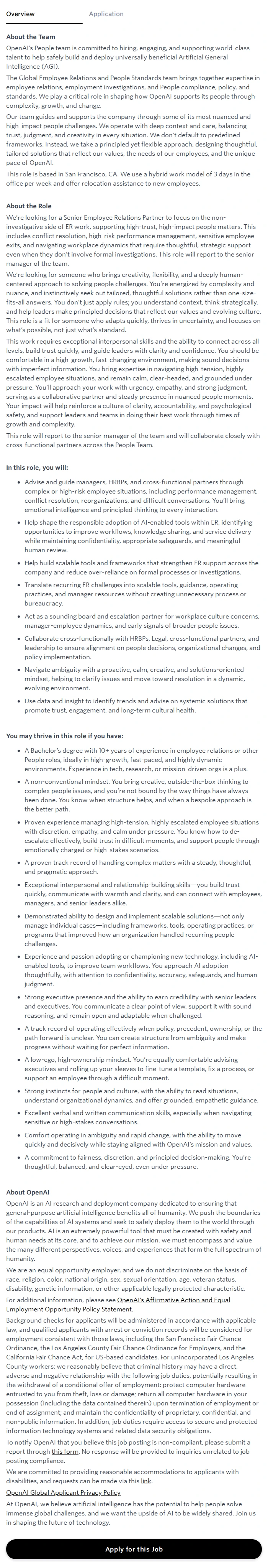오픈에이아이(OpenAI) Senior Employee Relations Partner 채용공고