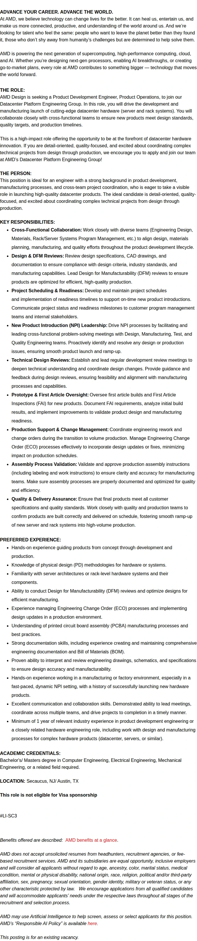 AMD Sr. Product Development Engineer 채용공고