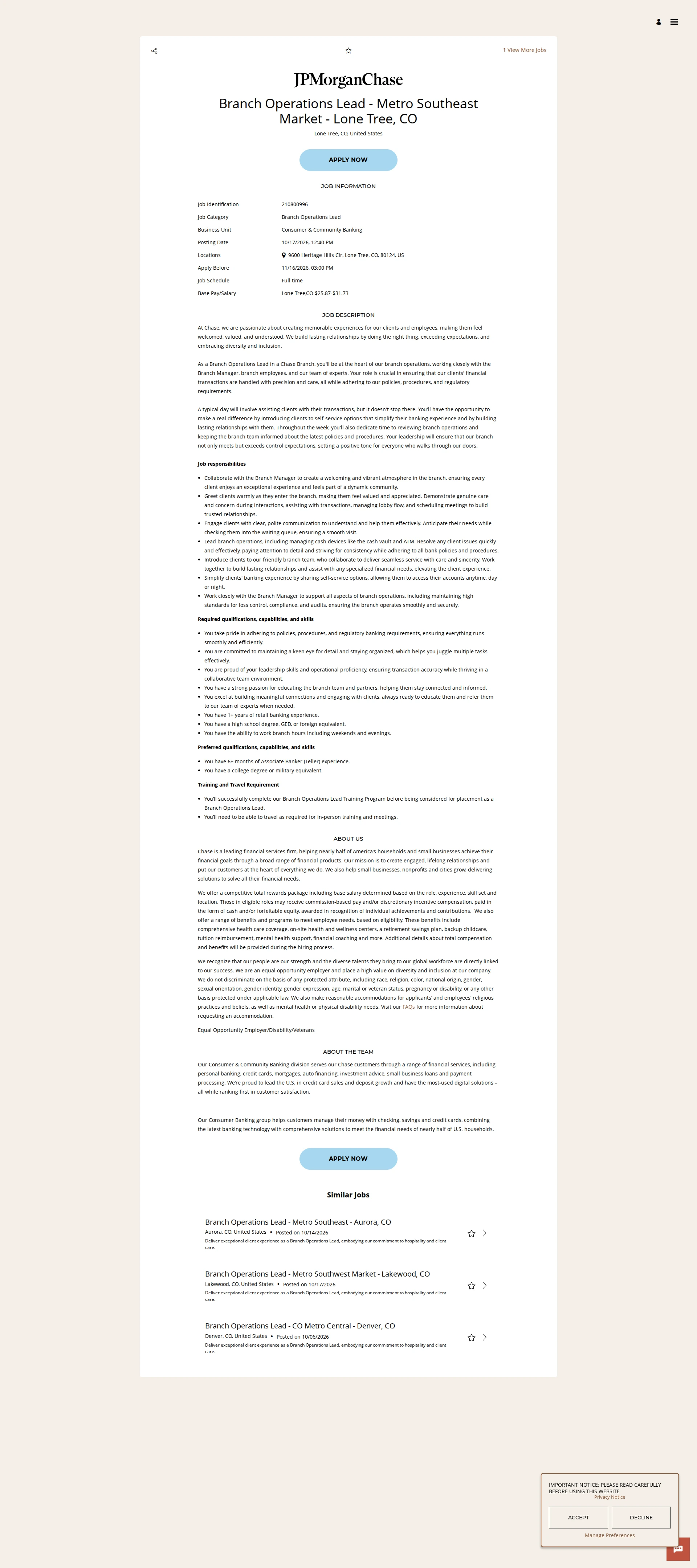 JPMorganChase Branch Operations Lead - Metro Southeast Market - Lone Tree, CO 채용공고